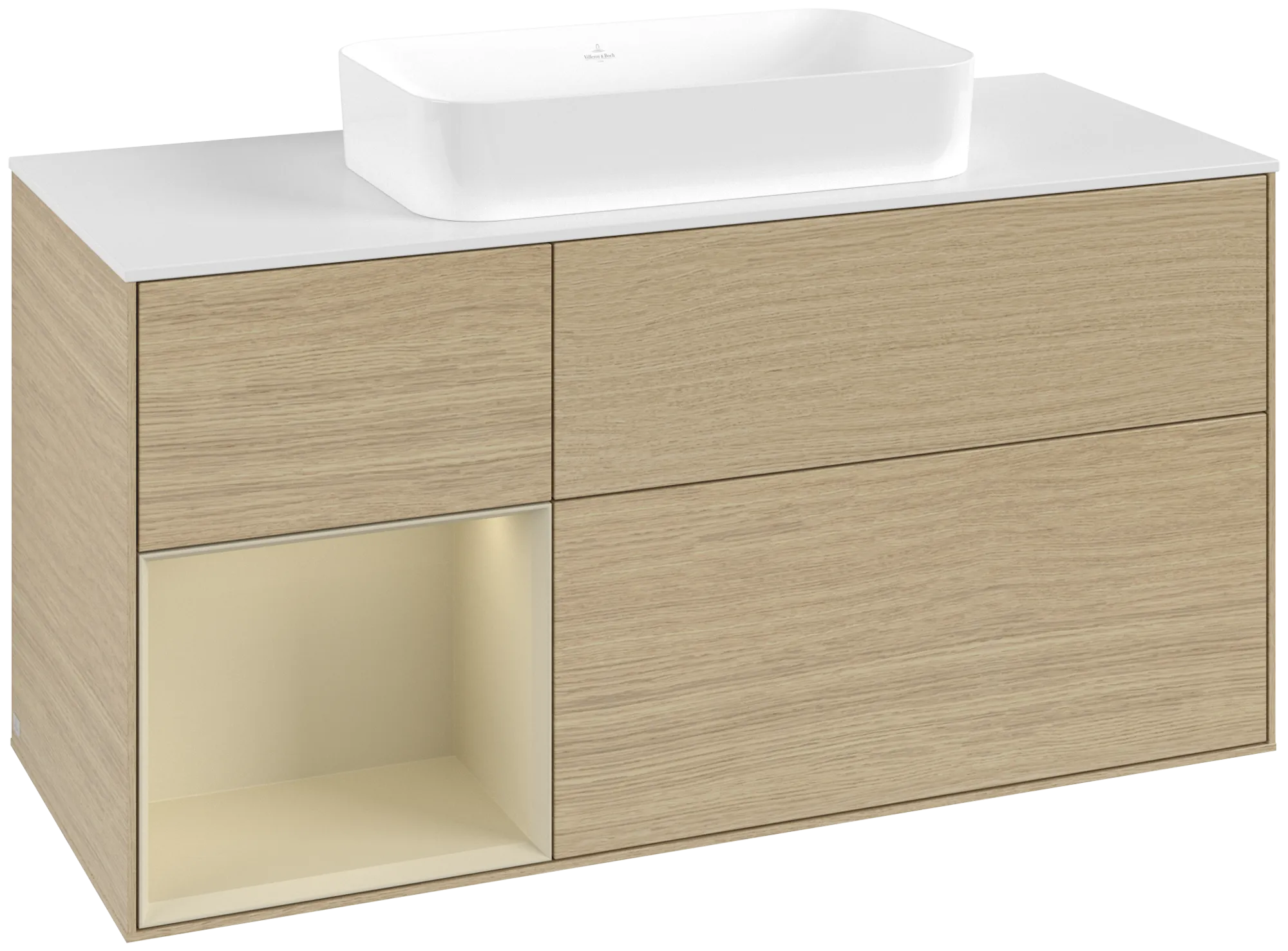 Bild von VILLEROY BOCH Finion Waschbeckenunterschrank, mit Beleuchtung, 3 Auszüge, 1200 x 603 x 501 mm, Oak Veneer / Silk Grey Matt Lacquer / Glass White Matt #G701HJPC