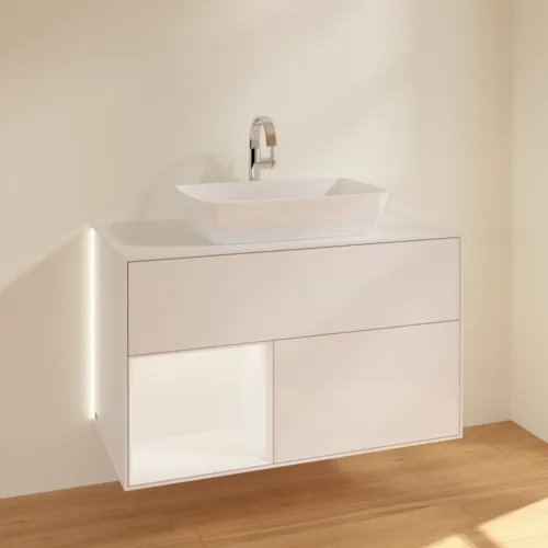 Bild von VILLEROY BOCH Finion Waschbeckenunterschrank, mit Beleuchtung, 2 Auszüge, 1000 x 603 x 501 mm, Glossy White Lacquer / White Matt Lacquer / Glass White Matt #G771MTGF