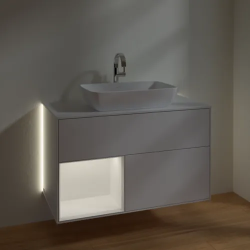 Bild von VILLEROY BOCH Finion Waschbeckenunterschrank, mit Beleuchtung, 2 Auszüge, 1000 x 603 x 501 mm, Glossy White Lacquer / White Matt Lacquer / Glass White Matt #G771MTGF