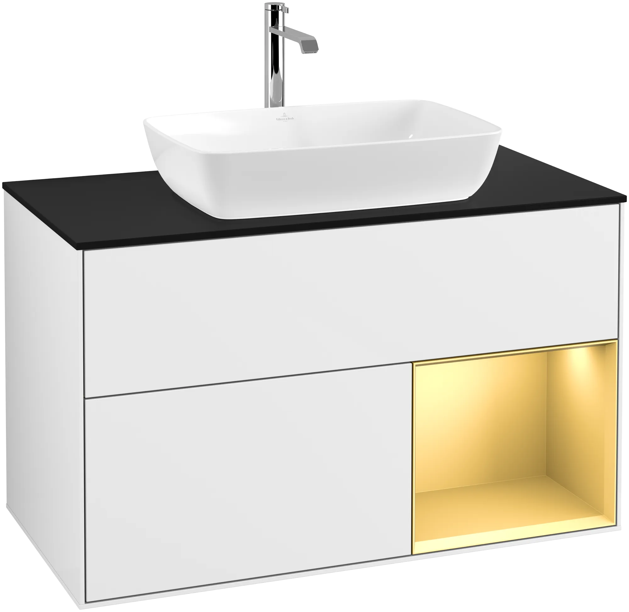 Bild von VILLEROY BOCH Finion Waschbeckenunterschrank, mit Beleuchtung, 2 Auszüge, 1000 x 603 x 501 mm, Glossy White Lacquer / Gold Matt Lacquer / Glass Black Matt #G782HFGF