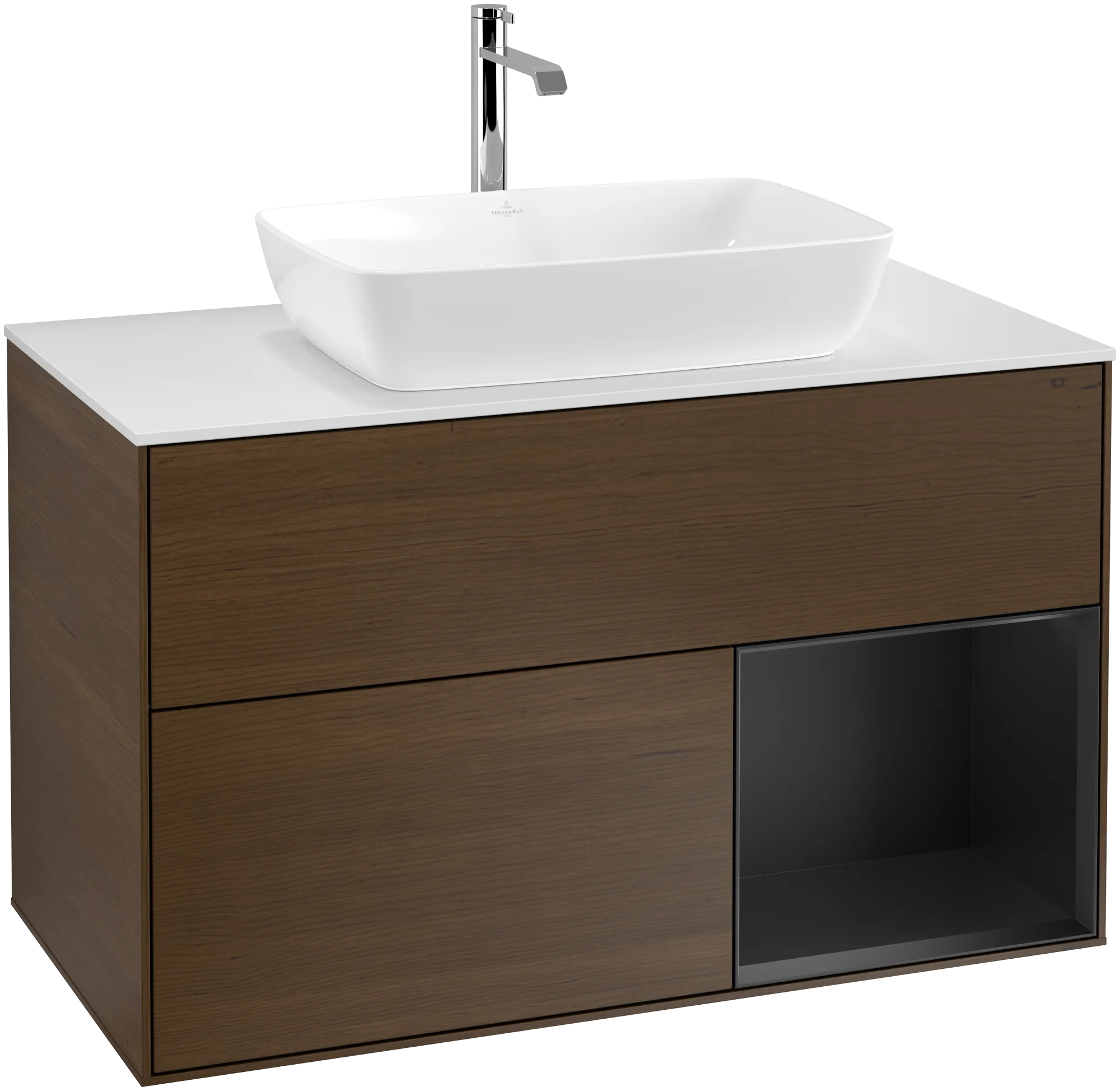 Bild von VILLEROY BOCH Finion Waschbeckenunterschrank, mit Beleuchtung, 2 Auszüge, 1000 x 603 x 501 mm, Walnut Veneer / Black Matt Lacquer / Glass White Matt #G781PDGN