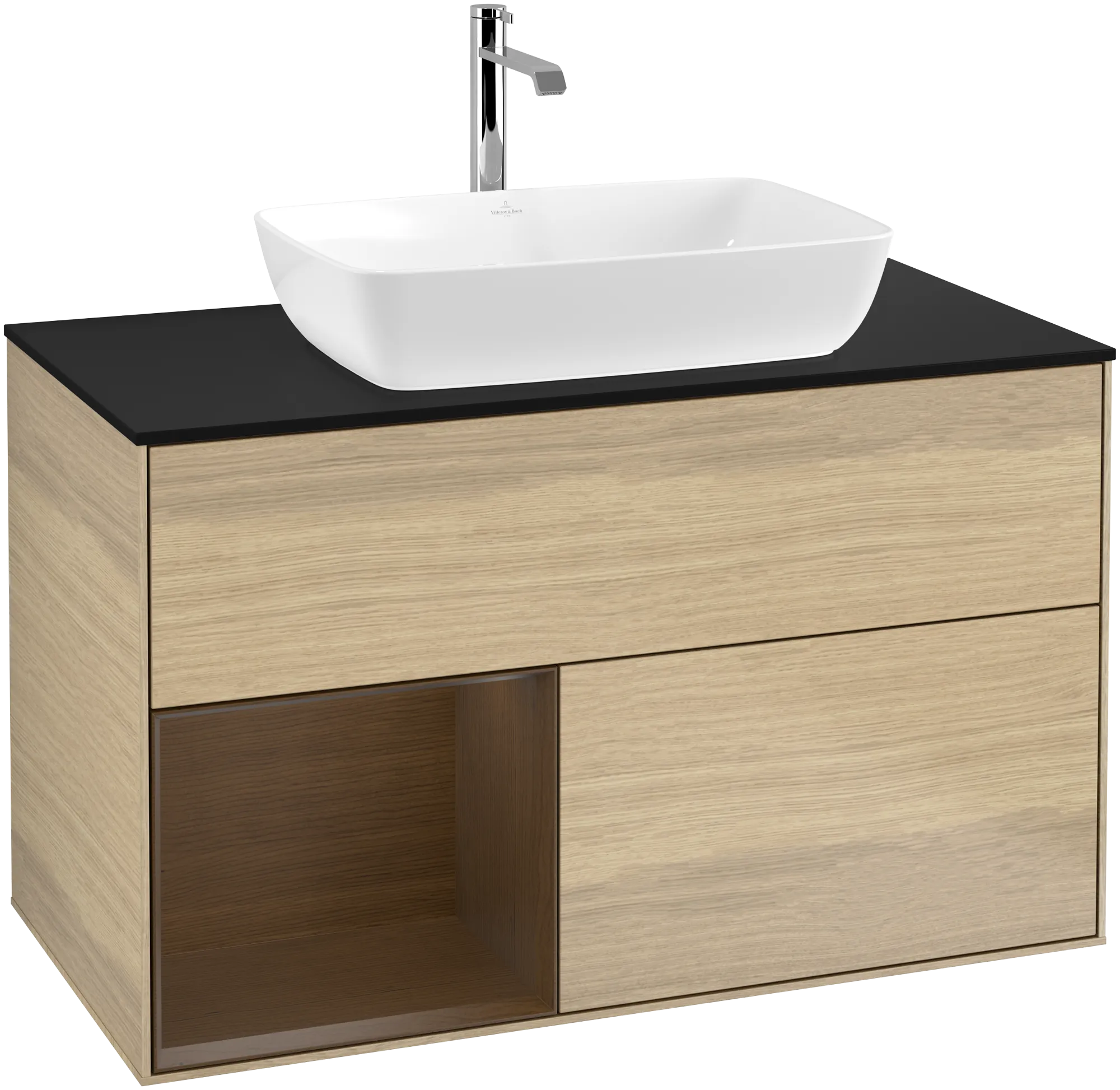 Bild von VILLEROY BOCH Finion Waschbeckenunterschrank, mit Beleuchtung, 2 Auszüge, 1000 x 603 x 501 mm, Oak Veneer / Walnut Veneer / Glass Black Matt #G772GNPC