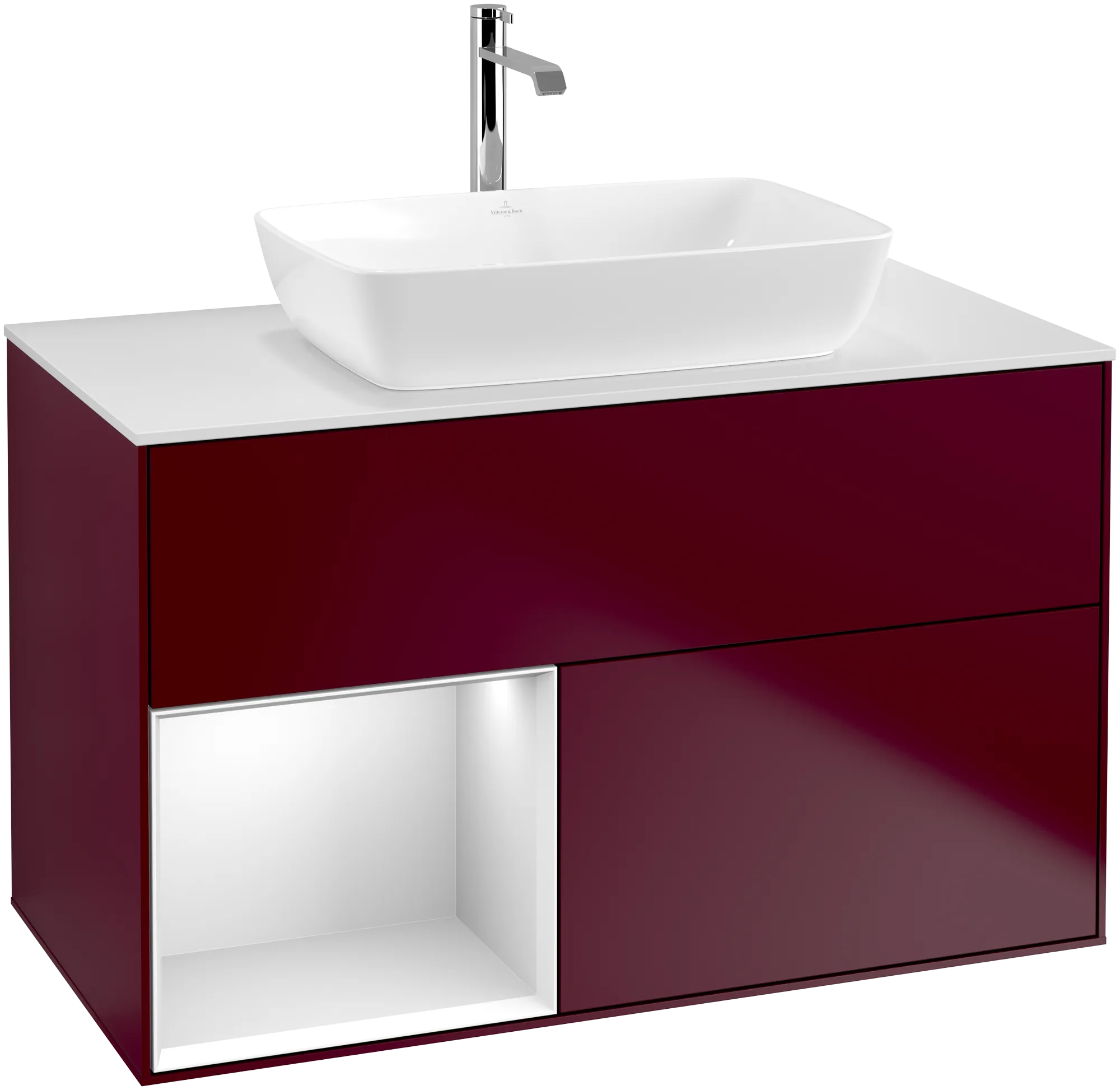 Bild von VILLEROY BOCH Finion Waschbeckenunterschrank, mit Beleuchtung, 2 Auszüge, 1000 x 603 x 501 mm, Peony Matt Lacquer / White Matt Lacquer / Glass White Matt #G771MTHB