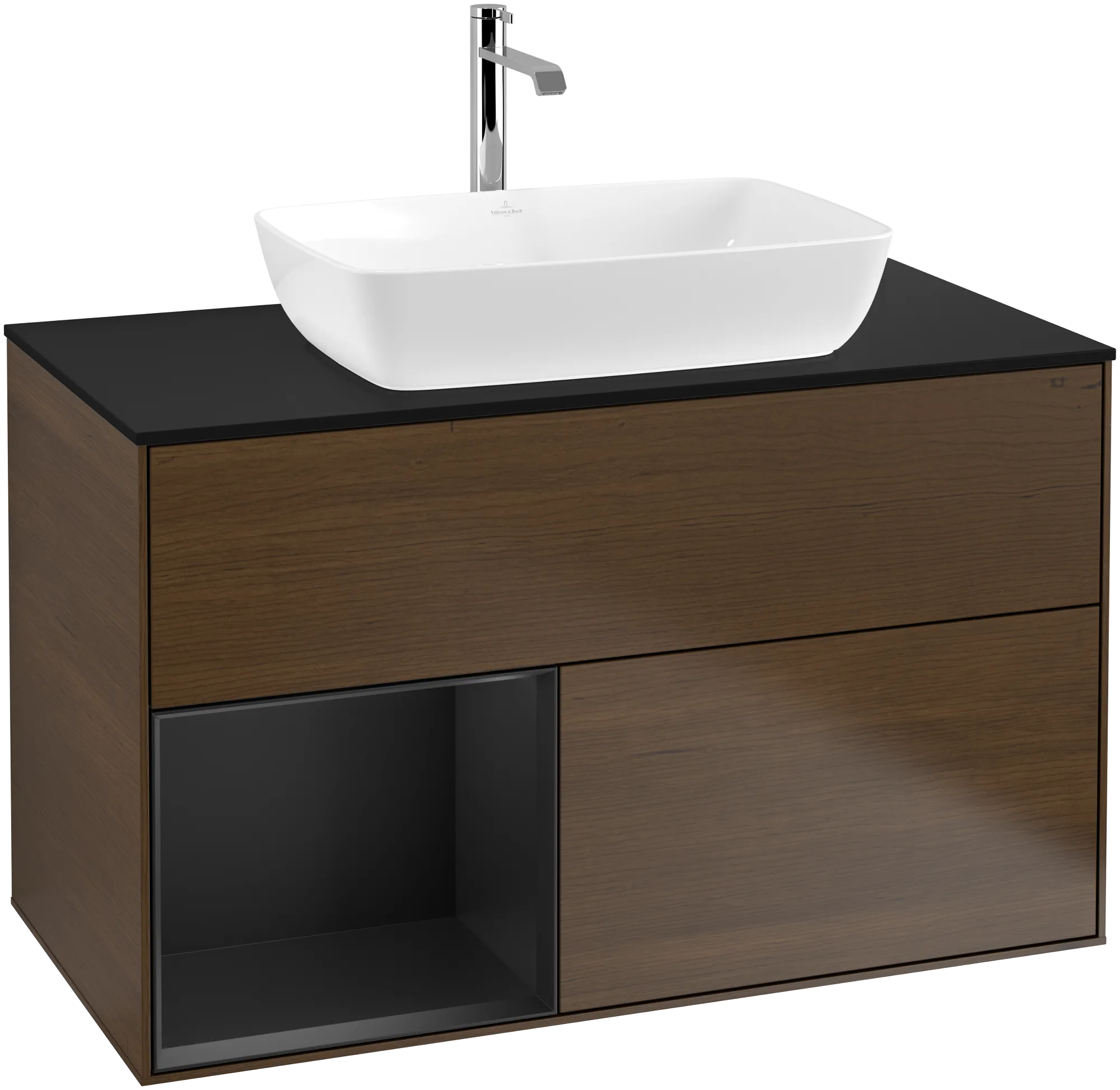 Obrázek VILLEROY BOCH Finion Vanity unit, with lighting, 2 pull-out compartments, 1000 x 603 x 501 mm, Walnut Veneer / Black Matt Lacquer / Glass Black Matt #G772PDGN