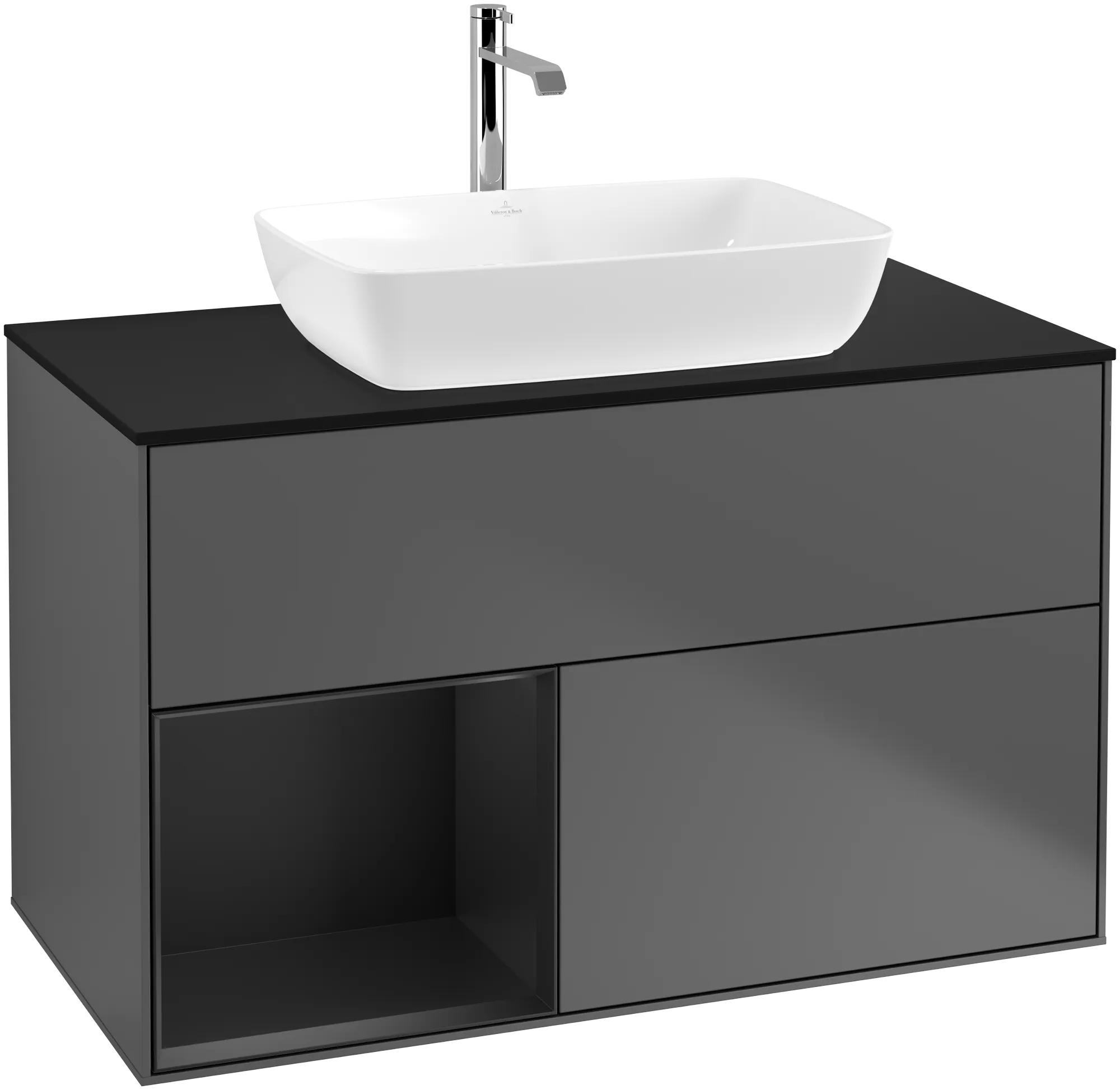 Bild von VILLEROY BOCH Finion Waschbeckenunterschrank, mit Beleuchtung, 2 Auszüge, 1000 x 603 x 501 mm, Anthracite Matt Lacquer / Black Matt Lacquer / Glass Black Matt #G772PDGK