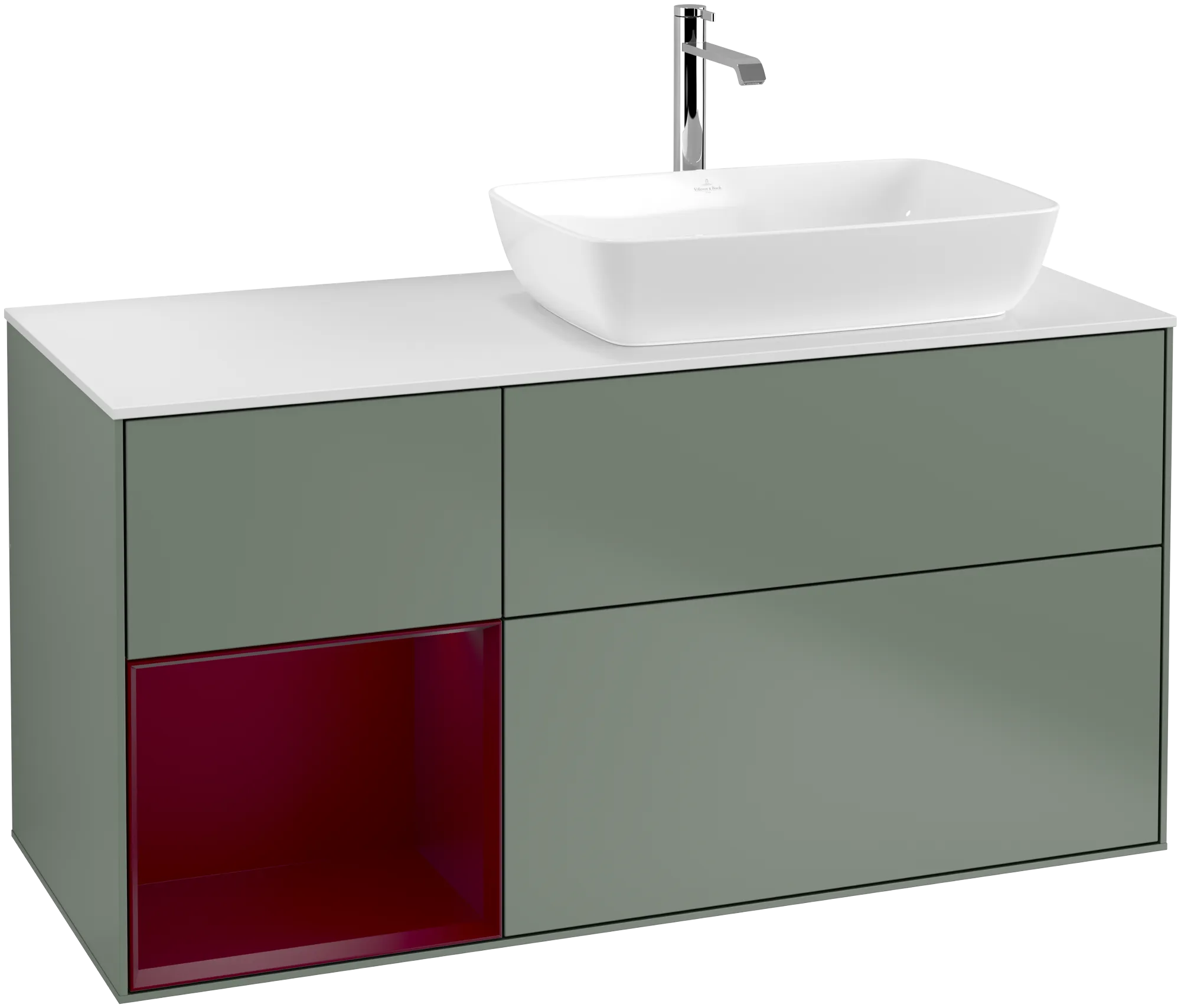 Bild von VILLEROY BOCH Finion Waschbeckenunterschrank, mit Beleuchtung, 3 Auszüge, 1200 x 603 x 501 mm, Olive Matt Lacquer / Peony Matt Lacquer / Glass White Matt #G801HBGM