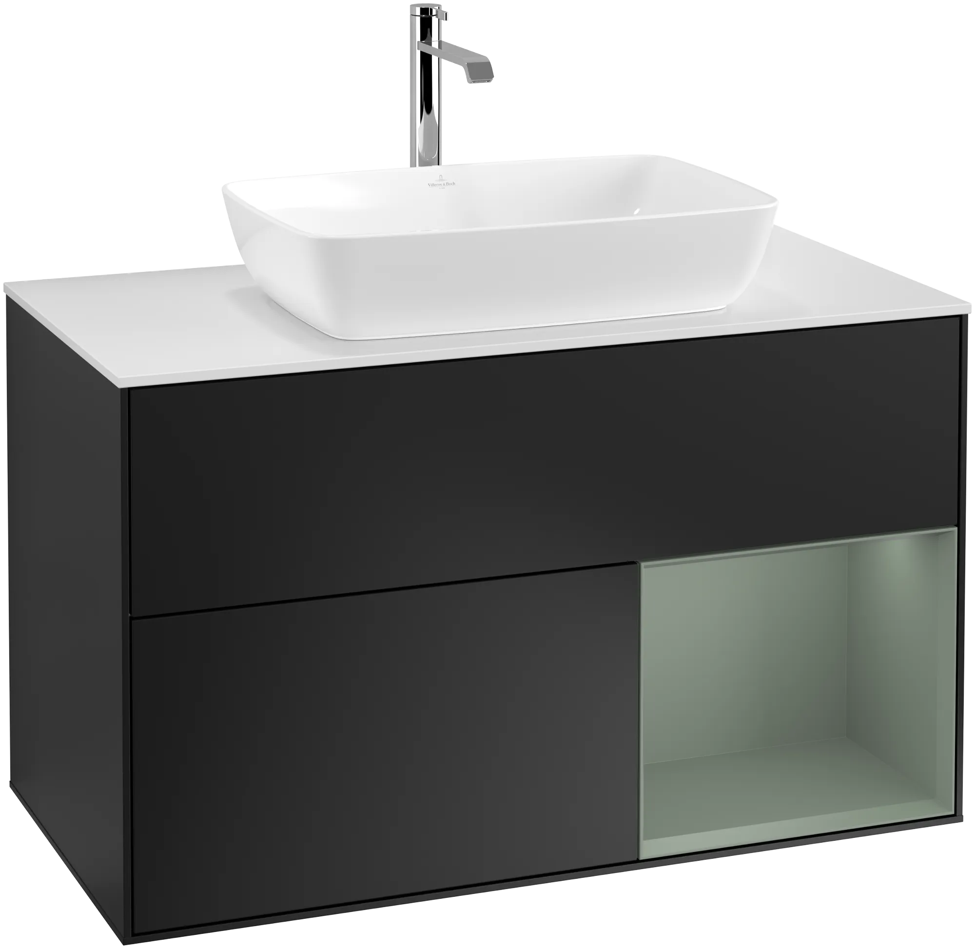 Bild von VILLEROY BOCH Finion Waschbeckenunterschrank, mit Beleuchtung, 2 Auszüge, 1000 x 603 x 501 mm, Black Matt Lacquer / Olive Matt Lacquer / Glass White Matt #G781GMPD