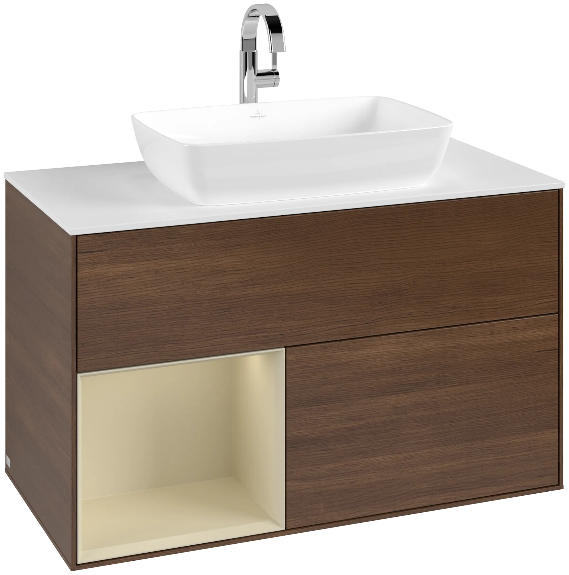 Bild von VILLEROY BOCH Finion Waschbeckenunterschrank, mit Beleuchtung, 2 Auszüge, 1000 x 603 x 501 mm, Walnut Veneer / Silk Grey Matt Lacquer / Glass White Matt #G771HJGN