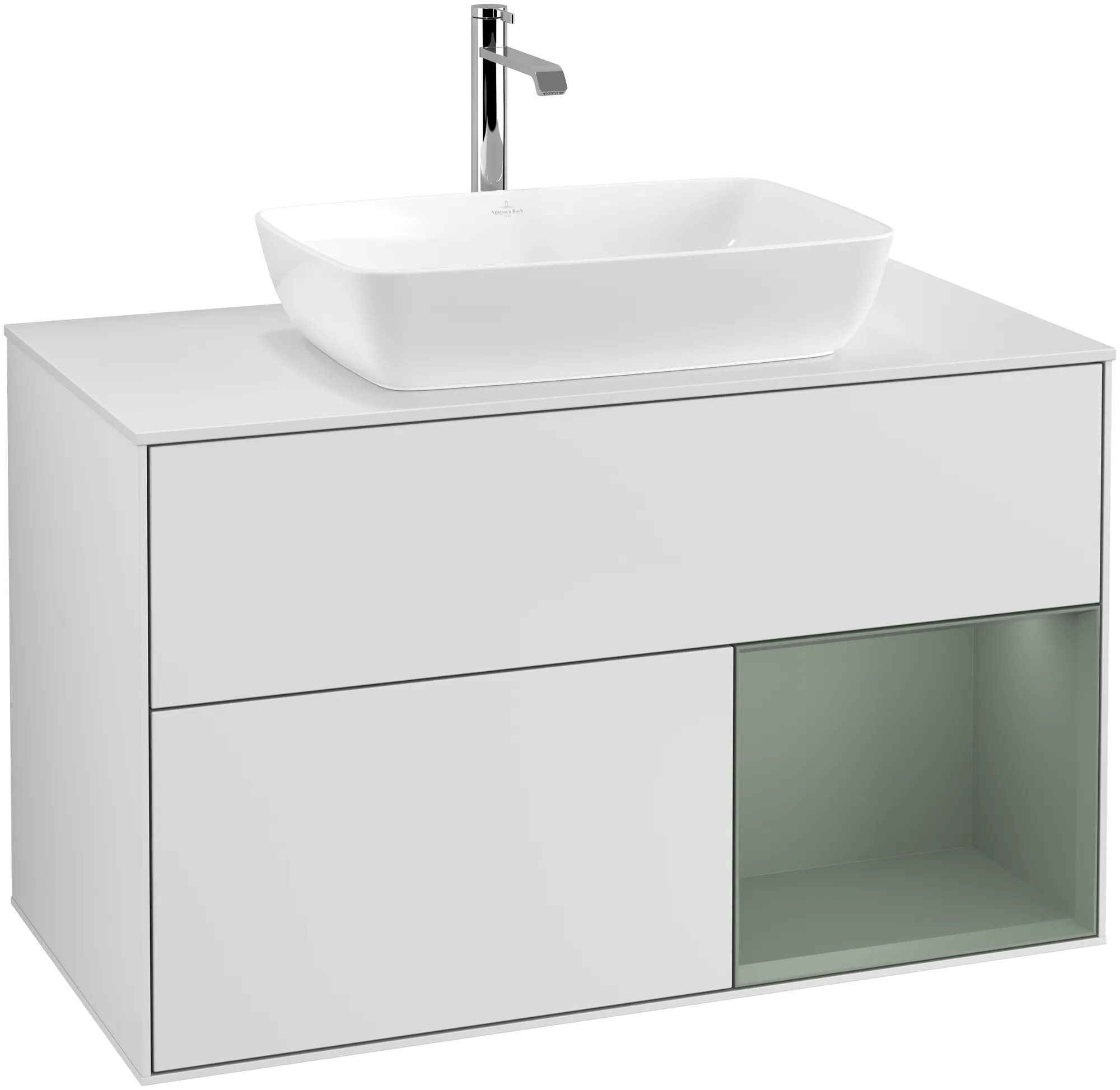 Bild von VILLEROY BOCH Finion Waschbeckenunterschrank, mit Beleuchtung, 2 Auszüge, 1000 x 603 x 501 mm, White Matt Lacquer / Olive Matt Lacquer / Glass White Matt #G781GMMT