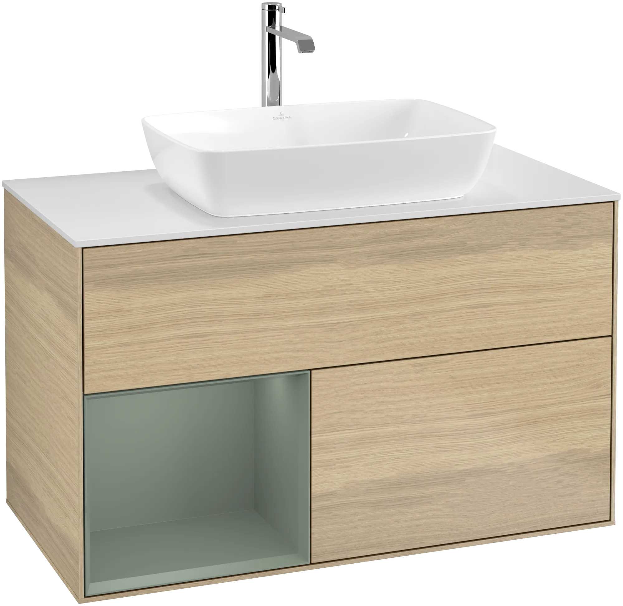 Bild von VILLEROY BOCH Finion Waschbeckenunterschrank, mit Beleuchtung, 2 Auszüge, 1000 x 603 x 501 mm, Oak Veneer / Olive Matt Lacquer / Glass White Matt #G771GMPC