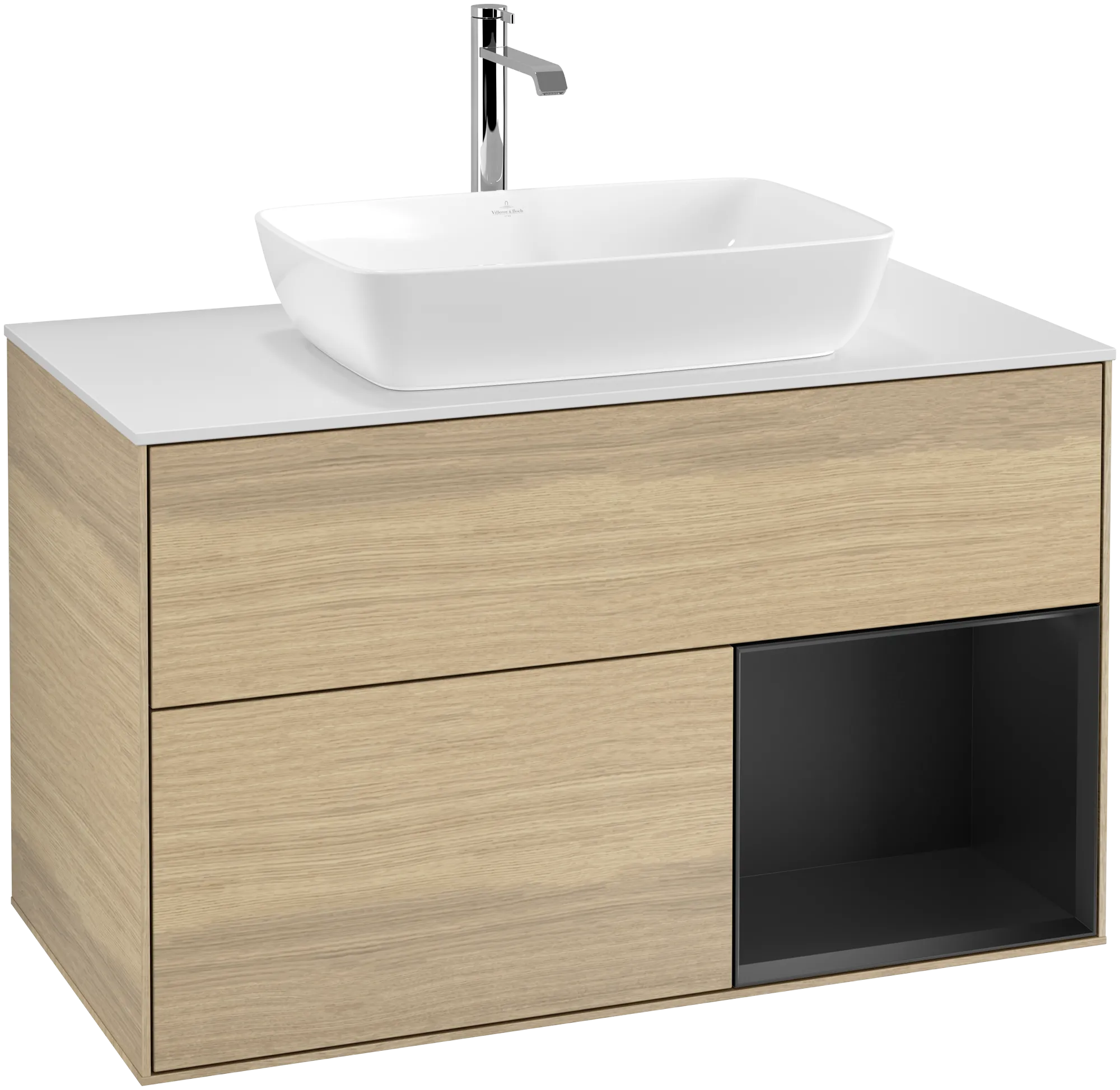 Bild von VILLEROY BOCH Finion Waschbeckenunterschrank, mit Beleuchtung, 2 Auszüge, 1000 x 603 x 501 mm, Oak Veneer / Black Matt Lacquer / Glass White Matt #G781PDPC