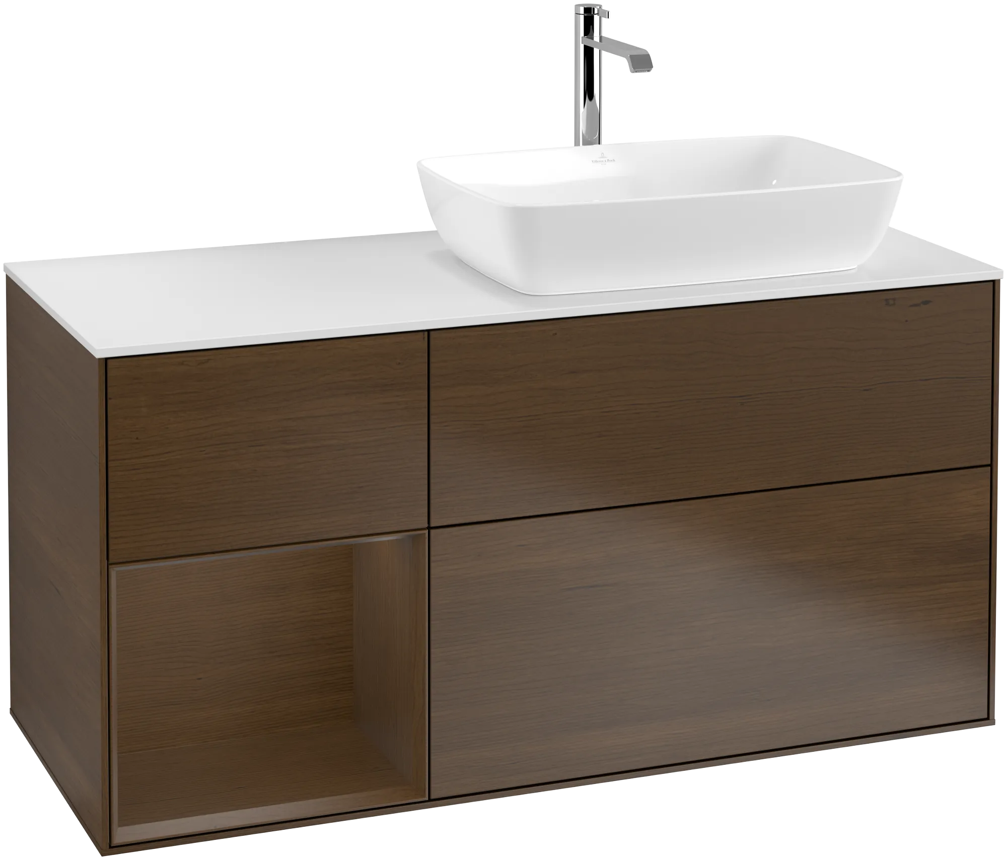 Bild von VILLEROY BOCH Finion Waschbeckenunterschrank, mit Beleuchtung, 3 Auszüge, 1200 x 603 x 501 mm, Walnut Veneer / Walnut Veneer / Glass White Matt #G801GNGN