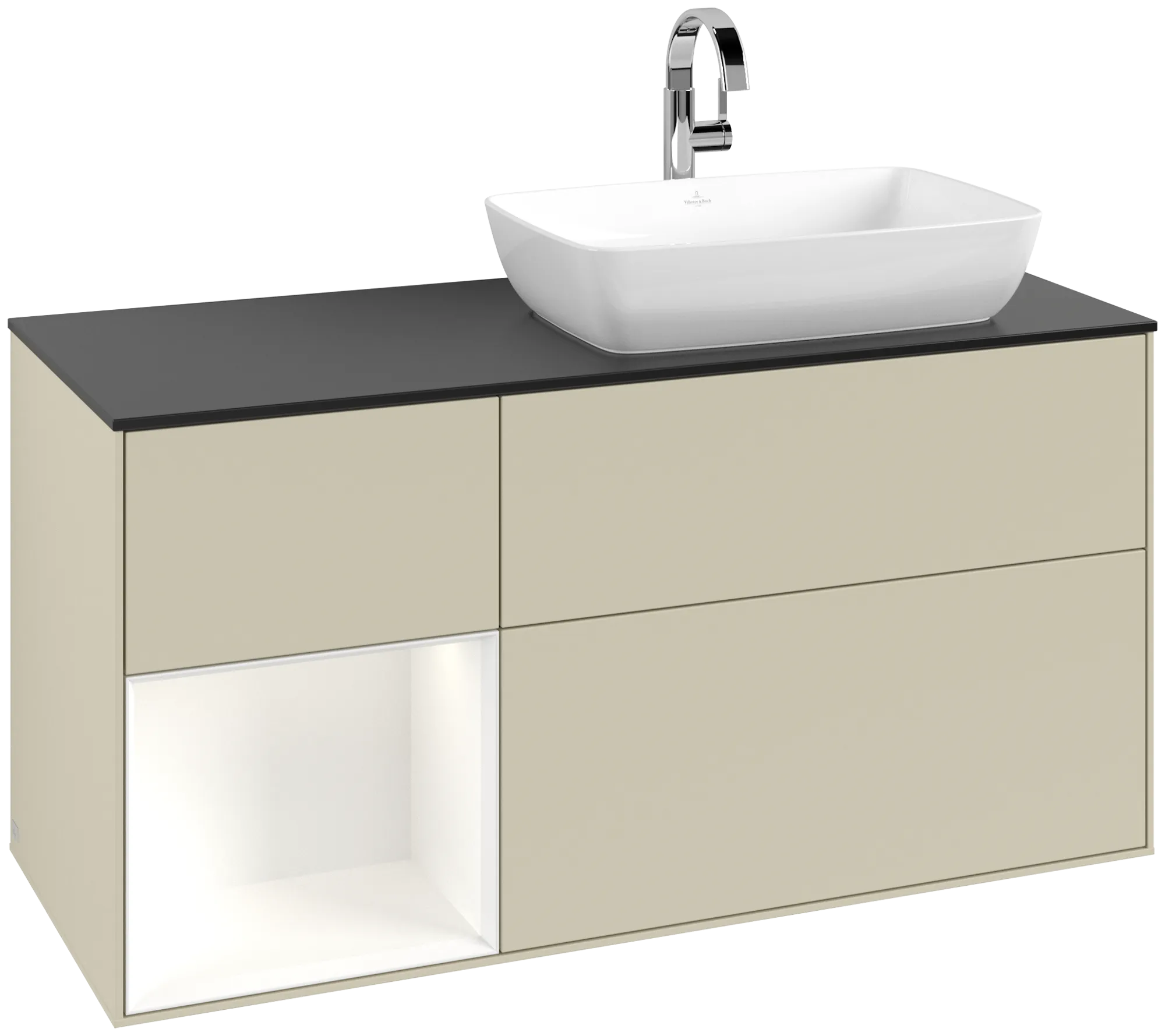 Bild von VILLEROY BOCH Finion Waschbeckenunterschrank, mit Beleuchtung, 3 Auszüge, 1200 x 603 x 501 mm, Silk Grey Matt Lacquer / White Matt Lacquer / Glass Black Matt #G802MTHJ