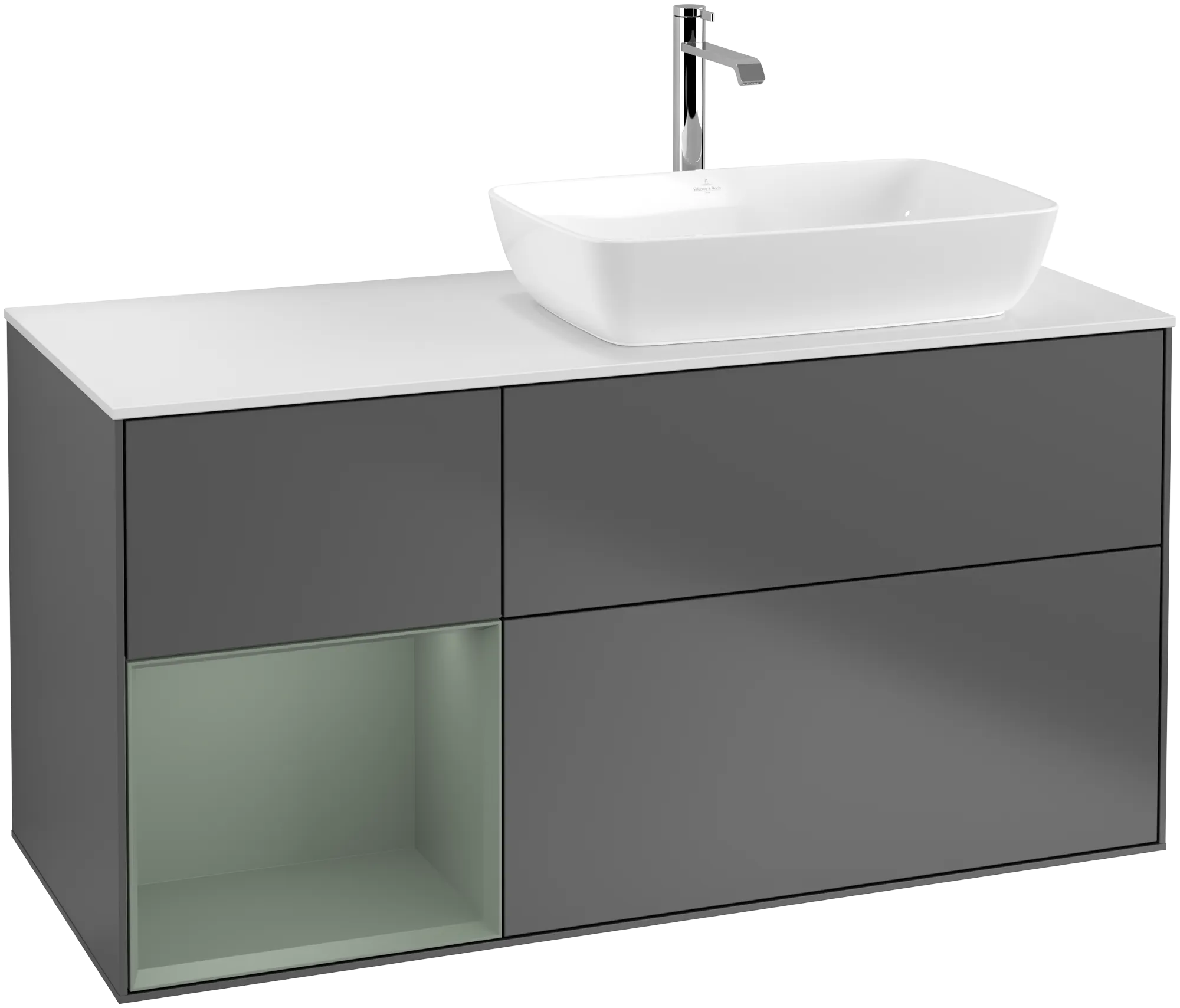 Bild von VILLEROY BOCH Finion Waschbeckenunterschrank, mit Beleuchtung, 3 Auszüge, 1200 x 603 x 501 mm, Anthracite Matt Lacquer / Olive Matt Lacquer / Glass White Matt #G801GMGK
