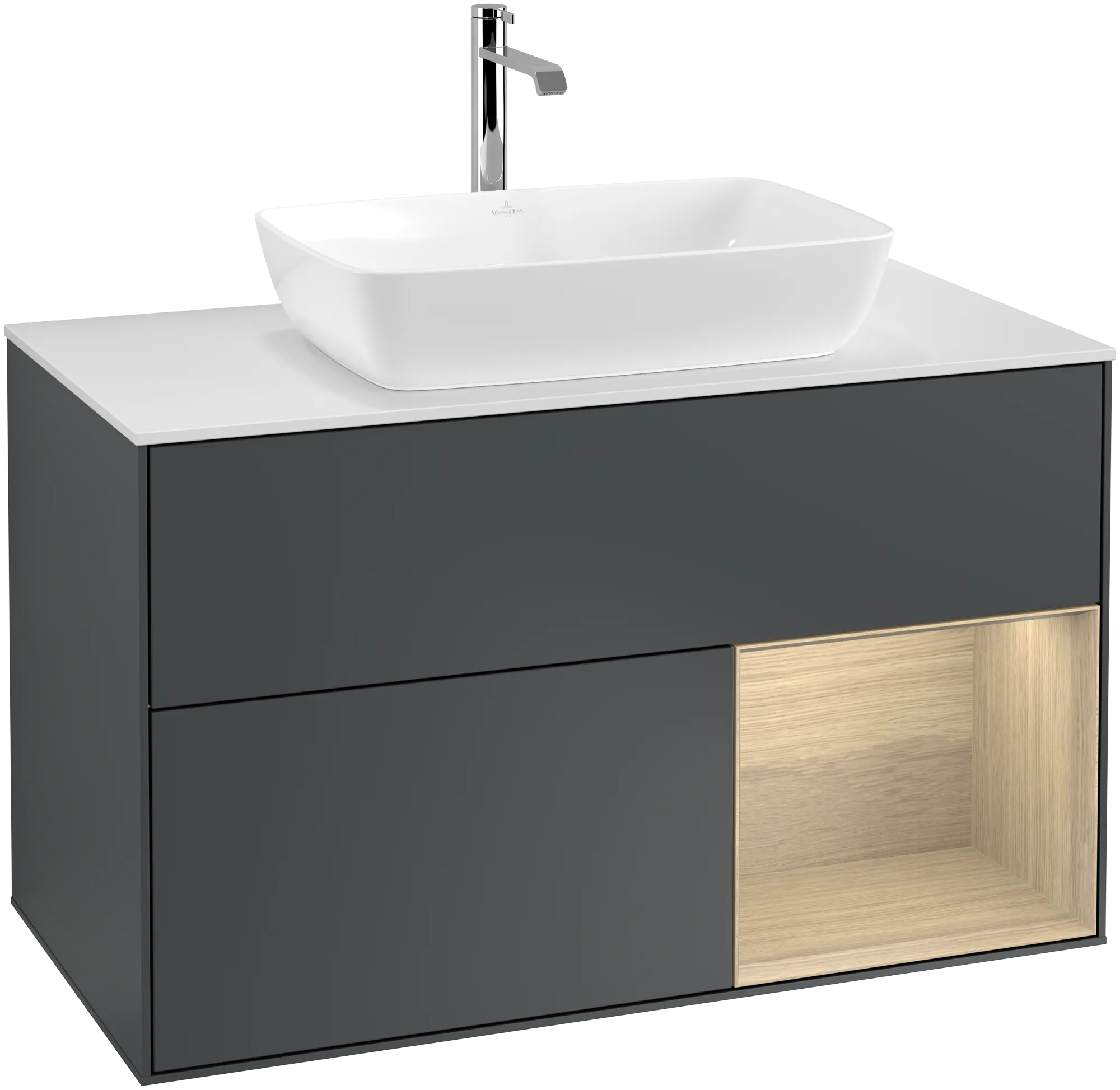 Bild von VILLEROY BOCH Finion Waschbeckenunterschrank, mit Beleuchtung, 2 Auszüge, 1000 x 603 x 501 mm, Midnight Blue Matt Lacquer / Oak Veneer / Glass White Matt #G781PCHG