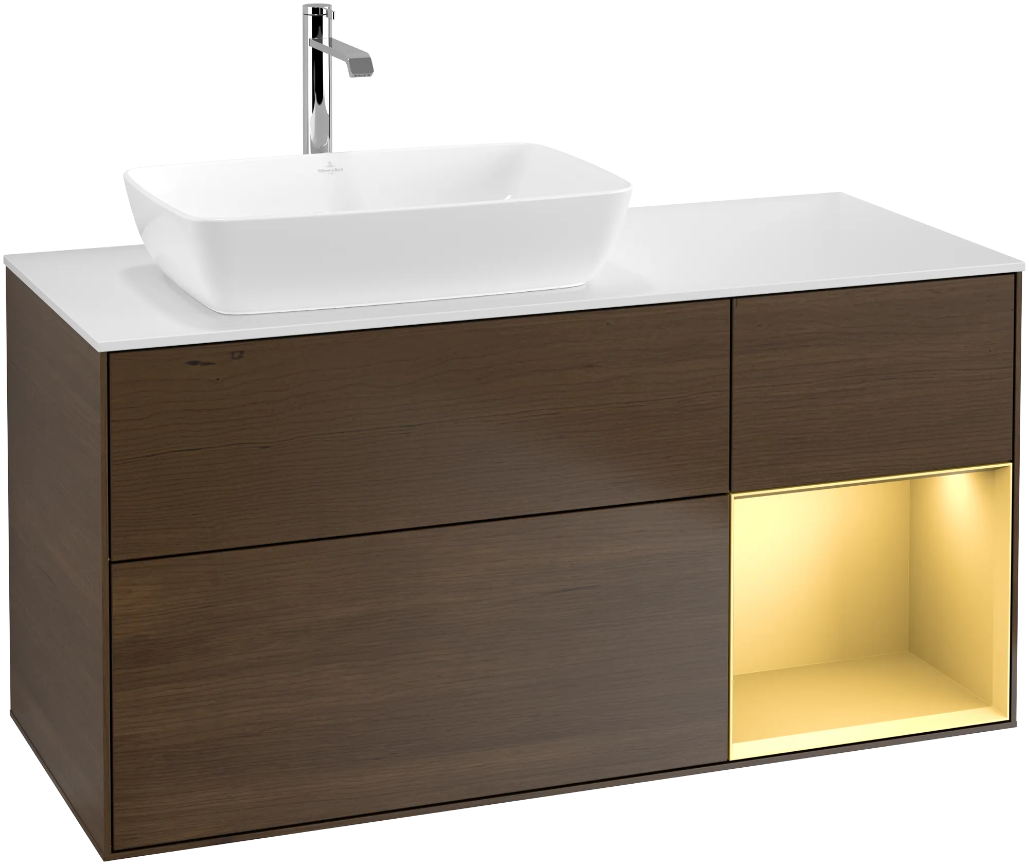 Bild von VILLEROY BOCH Finion Waschbeckenunterschrank, mit Beleuchtung, 3 Auszüge, 1200 x 603 x 501 mm, Walnut Veneer / Gold Matt Lacquer / Glass White Matt #G811HFGN