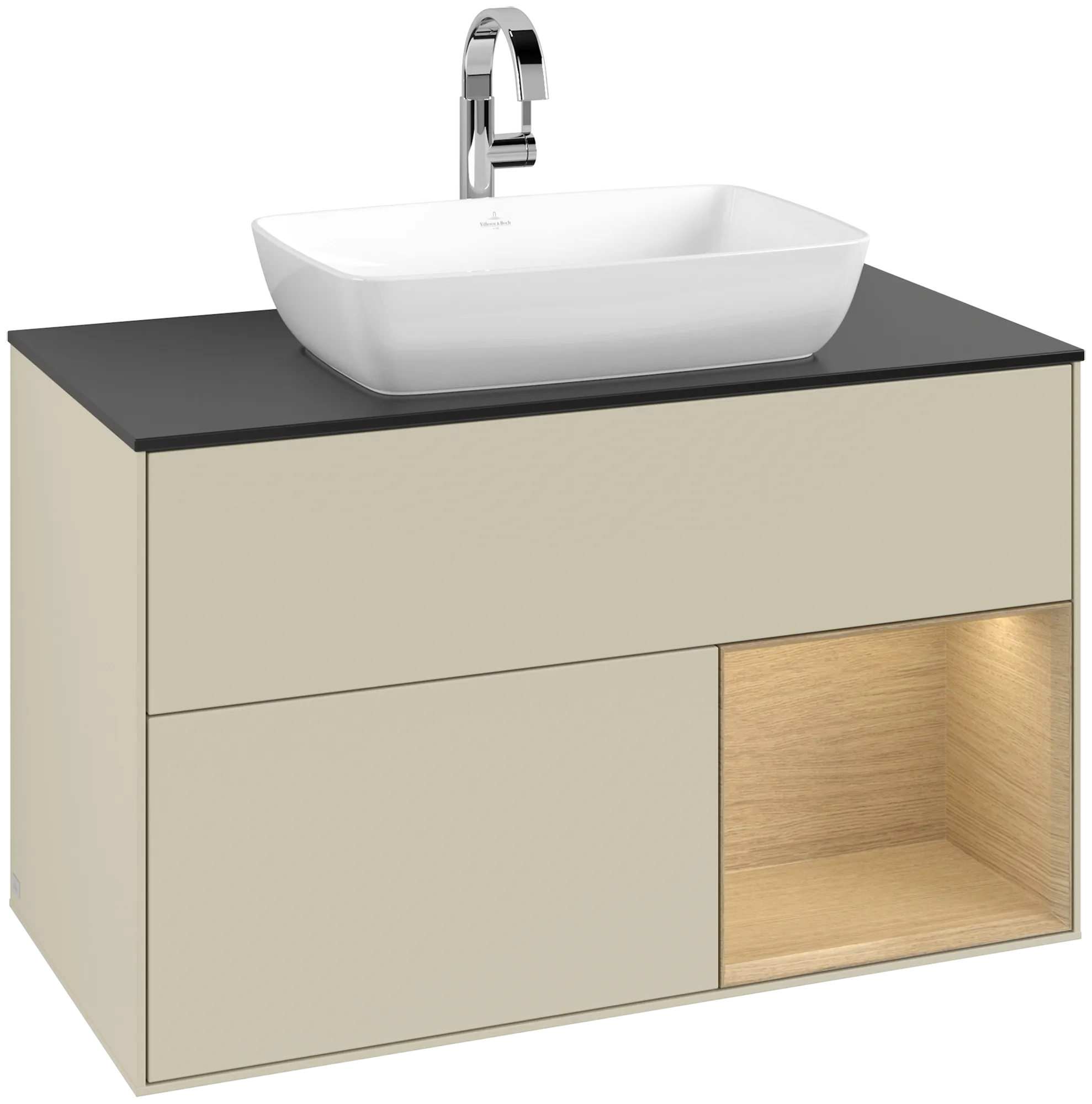 Bild von VILLEROY BOCH Finion Waschbeckenunterschrank, mit Beleuchtung, 2 Auszüge, 1000 x 603 x 501 mm, Silk Grey Matt Lacquer / Oak Veneer / Glass Black Matt #G782PCHJ