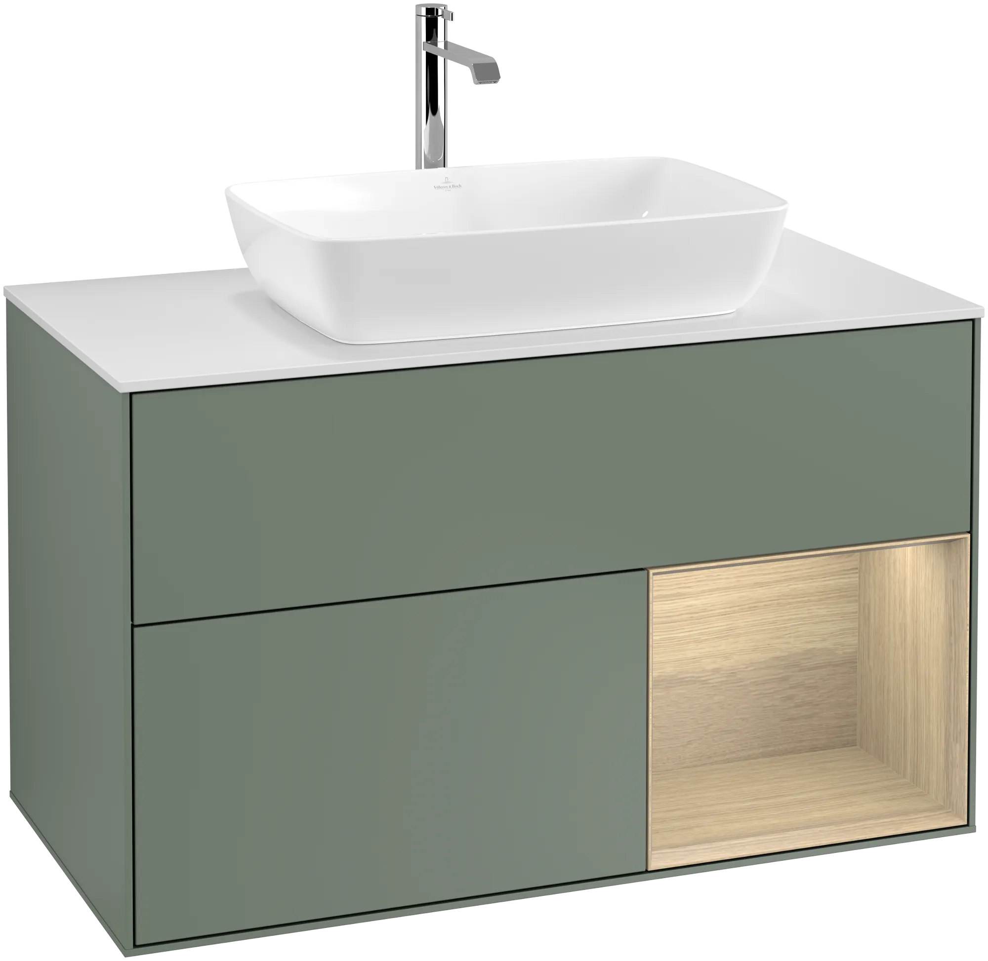 Bild von VILLEROY BOCH Finion Waschbeckenunterschrank, mit Beleuchtung, 2 Auszüge, 1000 x 603 x 501 mm, Olive Matt Lacquer / Oak Veneer / Glass White Matt #G781PCGM
