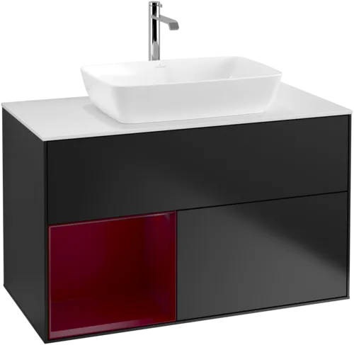 Bild von VILLEROY BOCH Finion Waschbeckenunterschrank, mit Beleuchtung, 2 Auszüge, 1000 x 603 x 501 mm, Black Matt Lacquer / Peony Matt Lacquer / Glass White Matt #G771HBPD