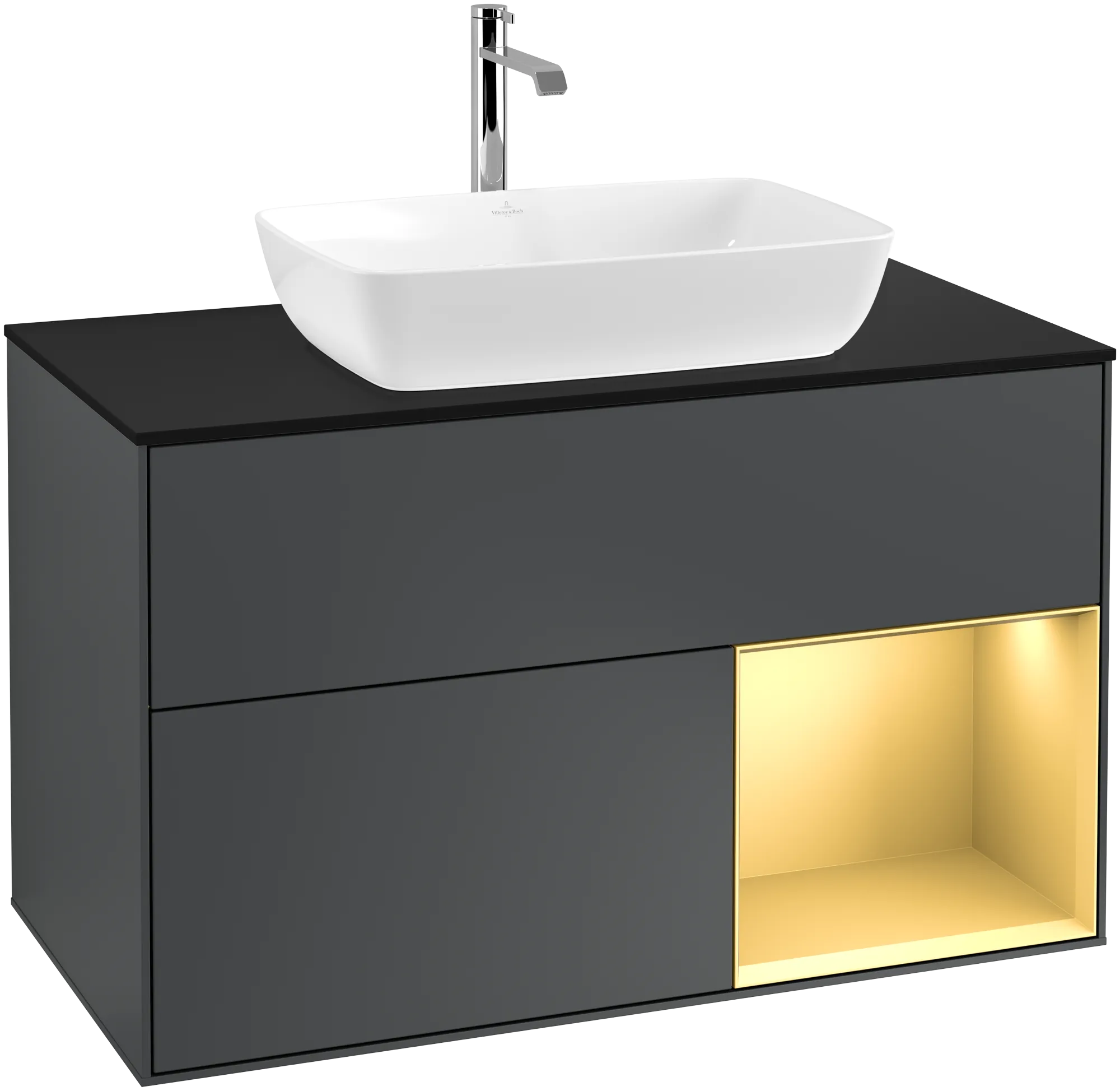 Bild von VILLEROY BOCH Finion Waschbeckenunterschrank, mit Beleuchtung, 2 Auszüge, 1000 x 603 x 501 mm, Midnight Blue Matt Lacquer / Gold Matt Lacquer / Glass Black Matt #G782HFHG