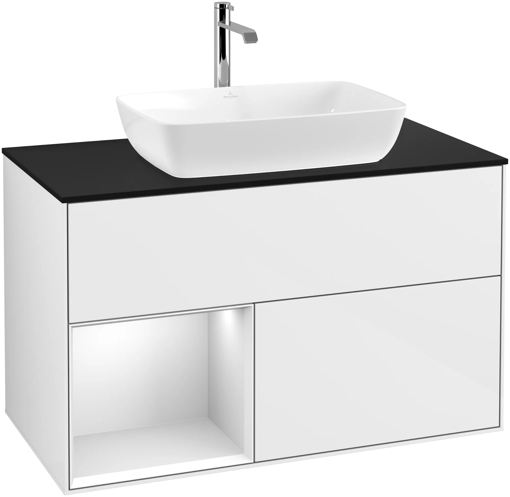 Bild von VILLEROY BOCH Finion Waschbeckenunterschrank, mit Beleuchtung, 2 Auszüge, 1000 x 603 x 501 mm, Glossy White Lacquer / White Matt Lacquer / Glass Black Matt #G772MTGF