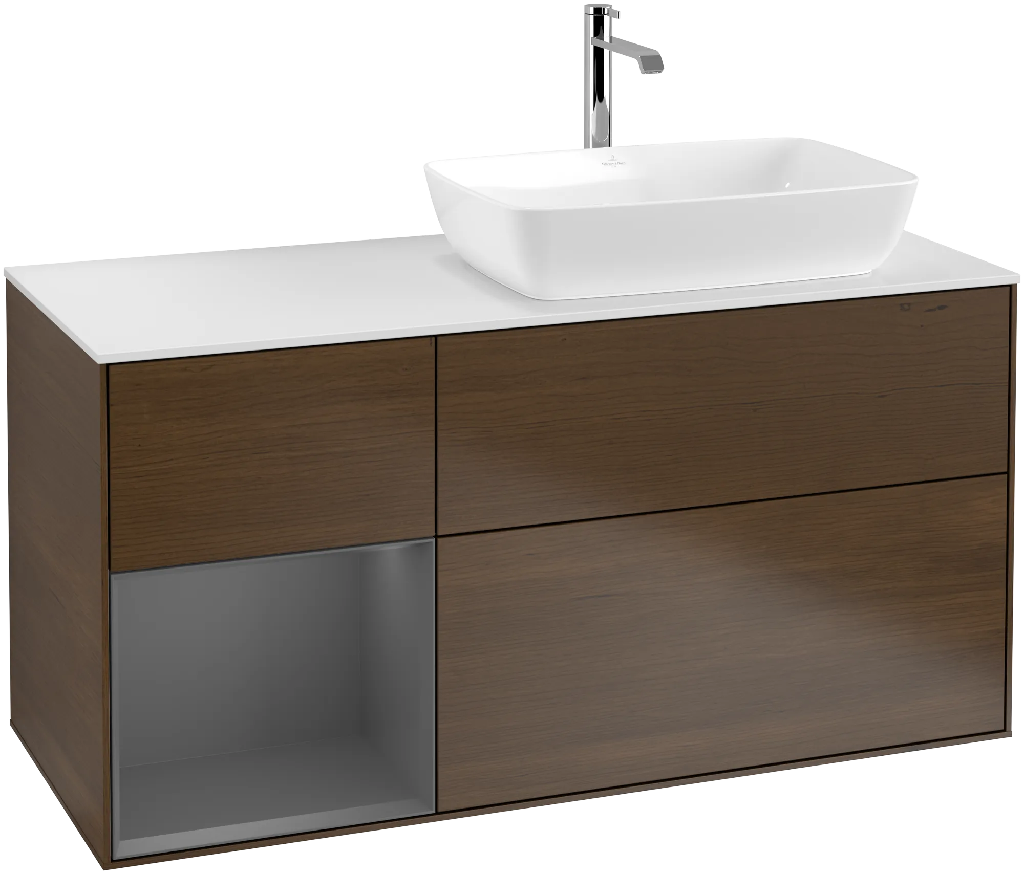 Bild von VILLEROY BOCH Finion Waschbeckenunterschrank, mit Beleuchtung, 3 Auszüge, 1200 x 603 x 501 mm, Walnut Veneer / Anthracite Matt Lacquer / Glass White Matt #G801GKGN