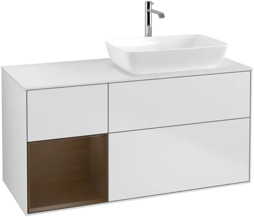 Bild von VILLEROY BOCH Finion Waschbeckenunterschrank, mit Beleuchtung, 3 Auszüge, 1200 x 603 x 501 mm, White Matt Lacquer / Walnut Veneer / Glass White Matt #G801GNMT