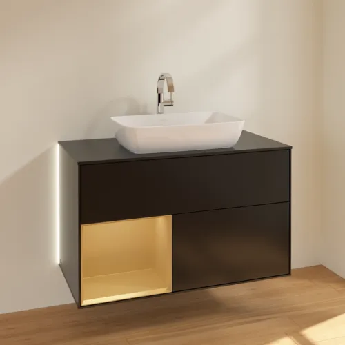 Bild von VILLEROY BOCH Finion Waschbeckenunterschrank, mit Beleuchtung, 2 Auszüge, 1000 x 603 x 501 mm, Black Matt Lacquer / Gold Matt Lacquer / Glass Black Matt #G772HFPD