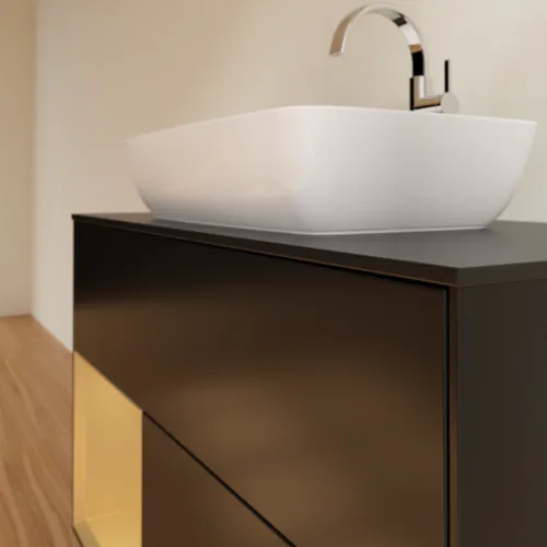 Bild von VILLEROY BOCH Finion Waschbeckenunterschrank, mit Beleuchtung, 2 Auszüge, 1000 x 603 x 501 mm, Black Matt Lacquer / Gold Matt Lacquer / Glass Black Matt #G772HFPD