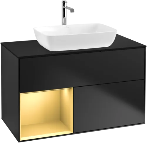 Bild von VILLEROY BOCH Finion Waschbeckenunterschrank, mit Beleuchtung, 2 Auszüge, 1000 x 603 x 501 mm, Black Matt Lacquer / Gold Matt Lacquer / Glass Black Matt #G772HFPD