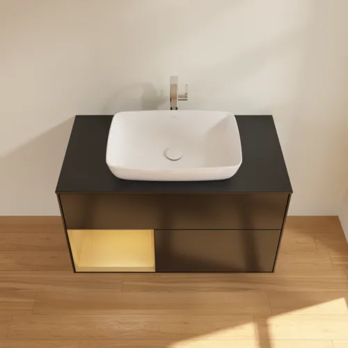 Bild von VILLEROY BOCH Finion Waschbeckenunterschrank, mit Beleuchtung, 2 Auszüge, 1000 x 603 x 501 mm, Black Matt Lacquer / Gold Matt Lacquer / Glass Black Matt #G772HFPD