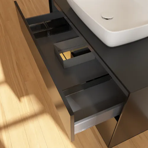 Bild von VILLEROY BOCH Finion Waschbeckenunterschrank, mit Beleuchtung, 2 Auszüge, 1000 x 603 x 501 mm, Black Matt Lacquer / Gold Matt Lacquer / Glass Black Matt #G772HFPD