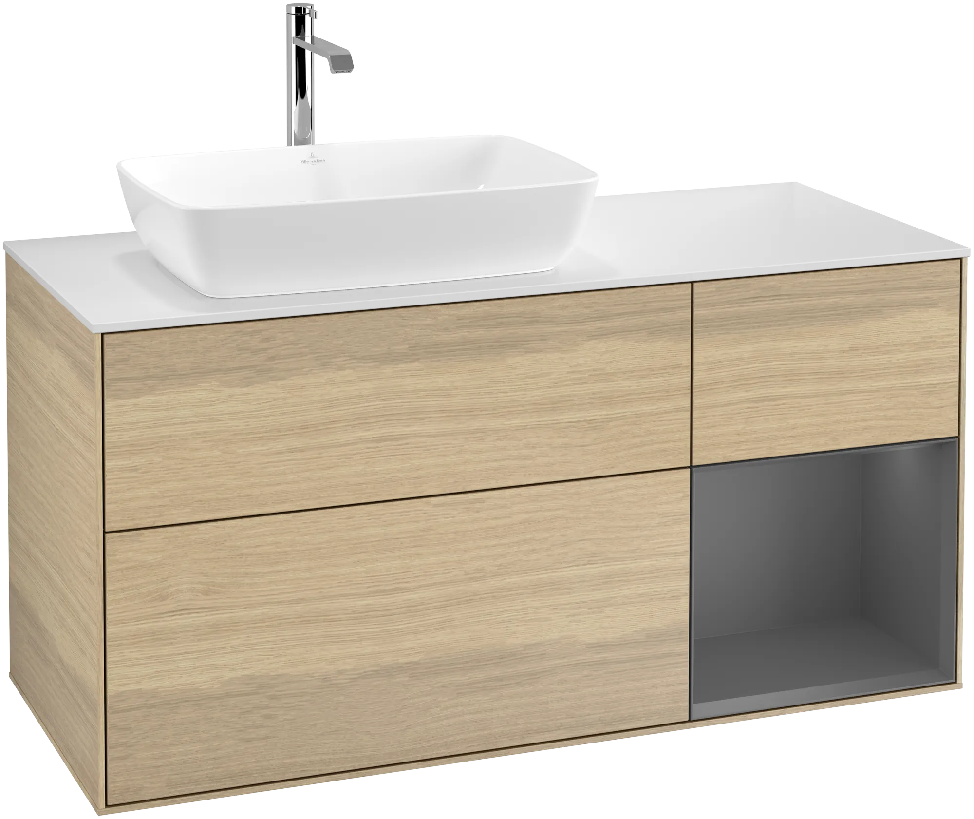 Bild von VILLEROY BOCH Finion Waschbeckenunterschrank, mit Beleuchtung, 3 Auszüge, 1200 x 603 x 501 mm, Oak Veneer / Anthracite Matt Lacquer / Glass White Matt #G811GKPC