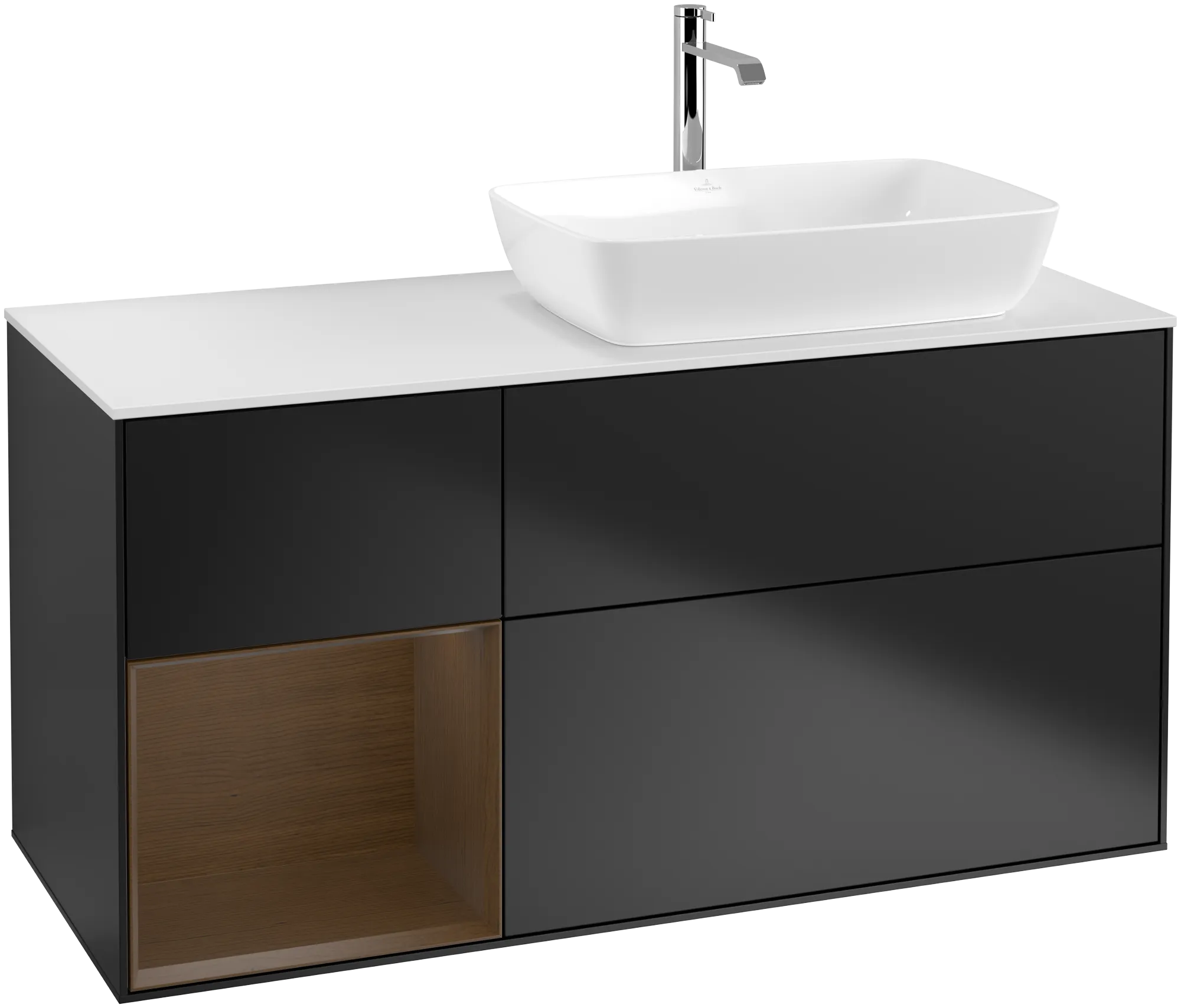 Bild von VILLEROY BOCH Finion Waschbeckenunterschrank, mit Beleuchtung, 3 Auszüge, 1200 x 603 x 501 mm, Black Matt Lacquer / Walnut Veneer / Glass White Matt #G801GNPD
