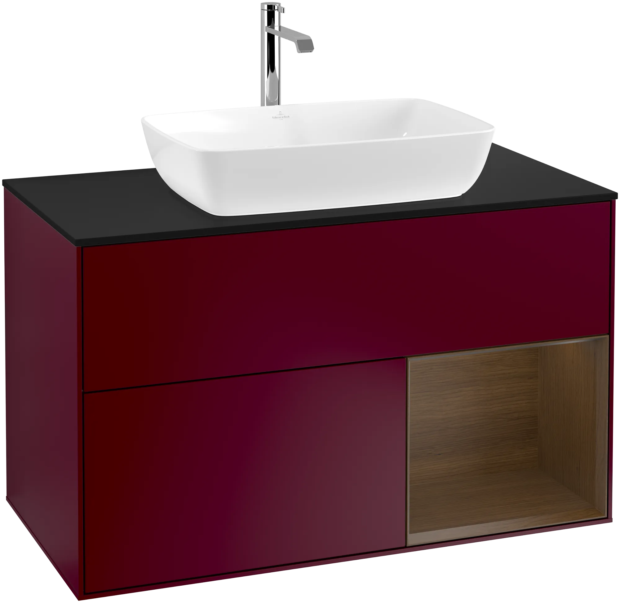 Bild von VILLEROY BOCH Finion Waschbeckenunterschrank, mit Beleuchtung, 2 Auszüge, 1000 x 603 x 501 mm, Peony Matt Lacquer / Walnut Veneer / Glass Black Matt #G782GNHB