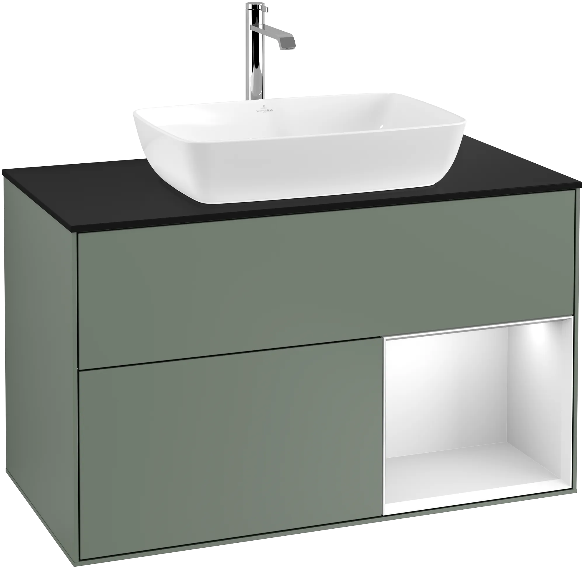 Bild von VILLEROY BOCH Finion Waschbeckenunterschrank, mit Beleuchtung, 2 Auszüge, 1000 x 603 x 501 mm, Olive Matt Lacquer / White Matt Lacquer / Glass Black Matt #G782MTGM