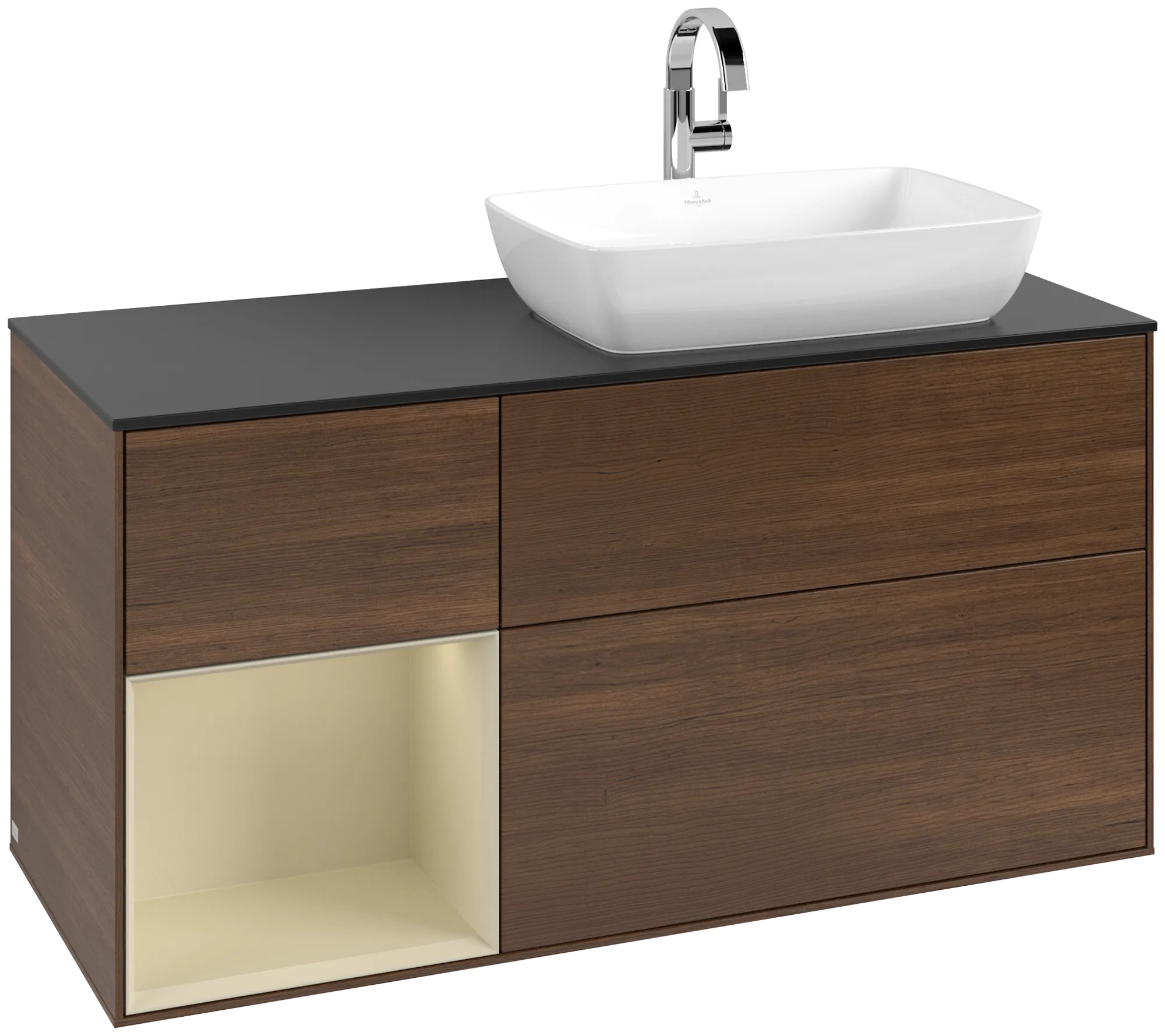 Bild von VILLEROY BOCH Finion Waschbeckenunterschrank, mit Beleuchtung, 3 Auszüge, 1200 x 603 x 501 mm, Walnut Veneer / Silk Grey Matt Lacquer / Glass Black Matt #G802HJGN