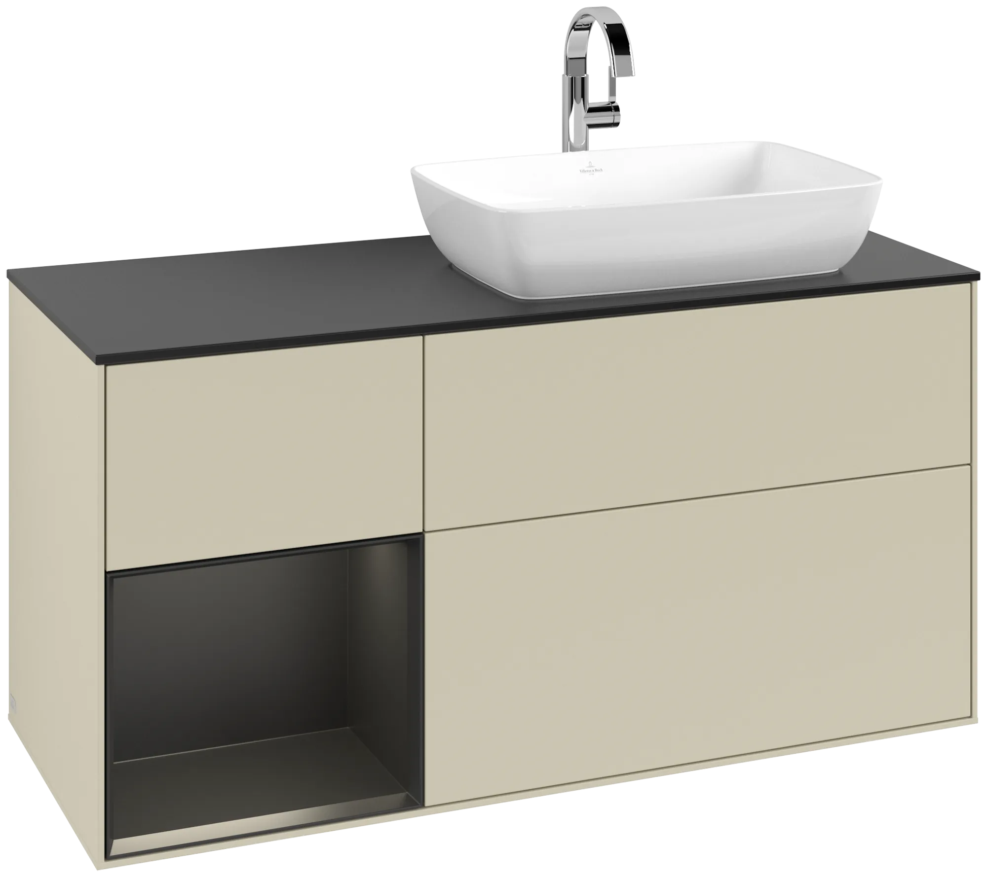 Bild von VILLEROY BOCH Finion Waschbeckenunterschrank, mit Beleuchtung, 3 Auszüge, 1200 x 603 x 501 mm, Silk Grey Matt Lacquer / Black Matt Lacquer / Glass Black Matt #G802PDHJ