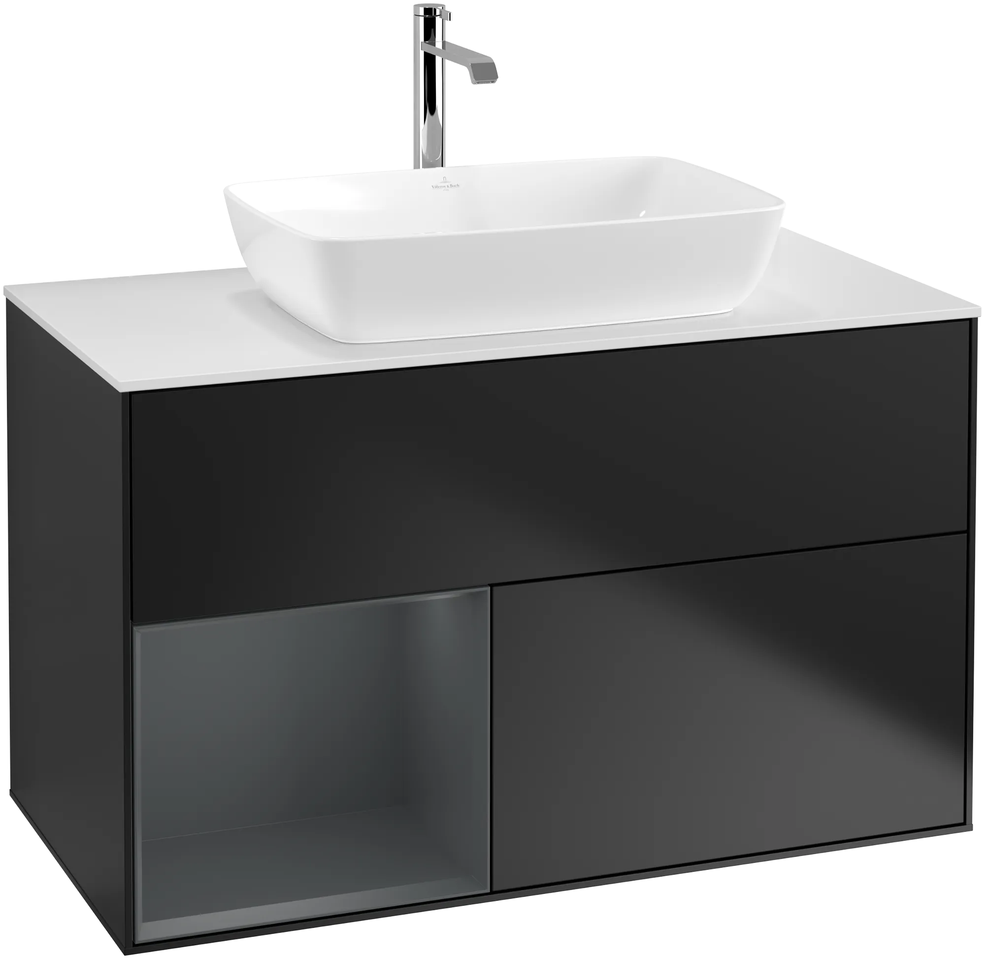 Obrázek VILLEROY BOCH Finion Vanity unit, with lighting, 2 pull-out compartments, 1000 x 603 x 501 mm, Black Matt Lacquer / Midnight Blue Matt Lacquer / Glass White Matt #G771HGPD
