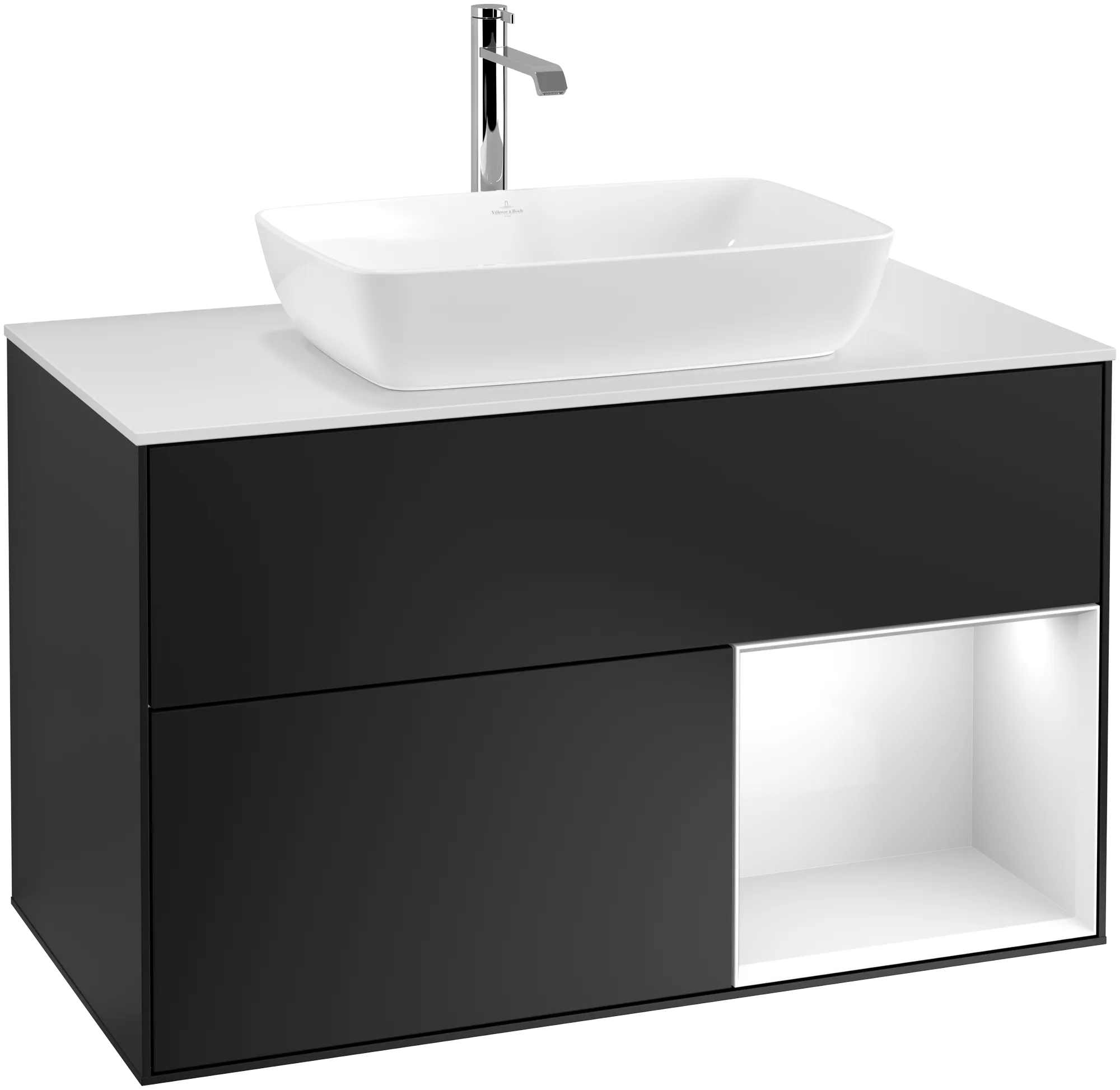 Bild von VILLEROY BOCH Finion Waschbeckenunterschrank, mit Beleuchtung, 2 Auszüge, 1000 x 603 x 501 mm, Black Matt Lacquer / Glossy White Lacquer / Glass White Matt #G781GFPD
