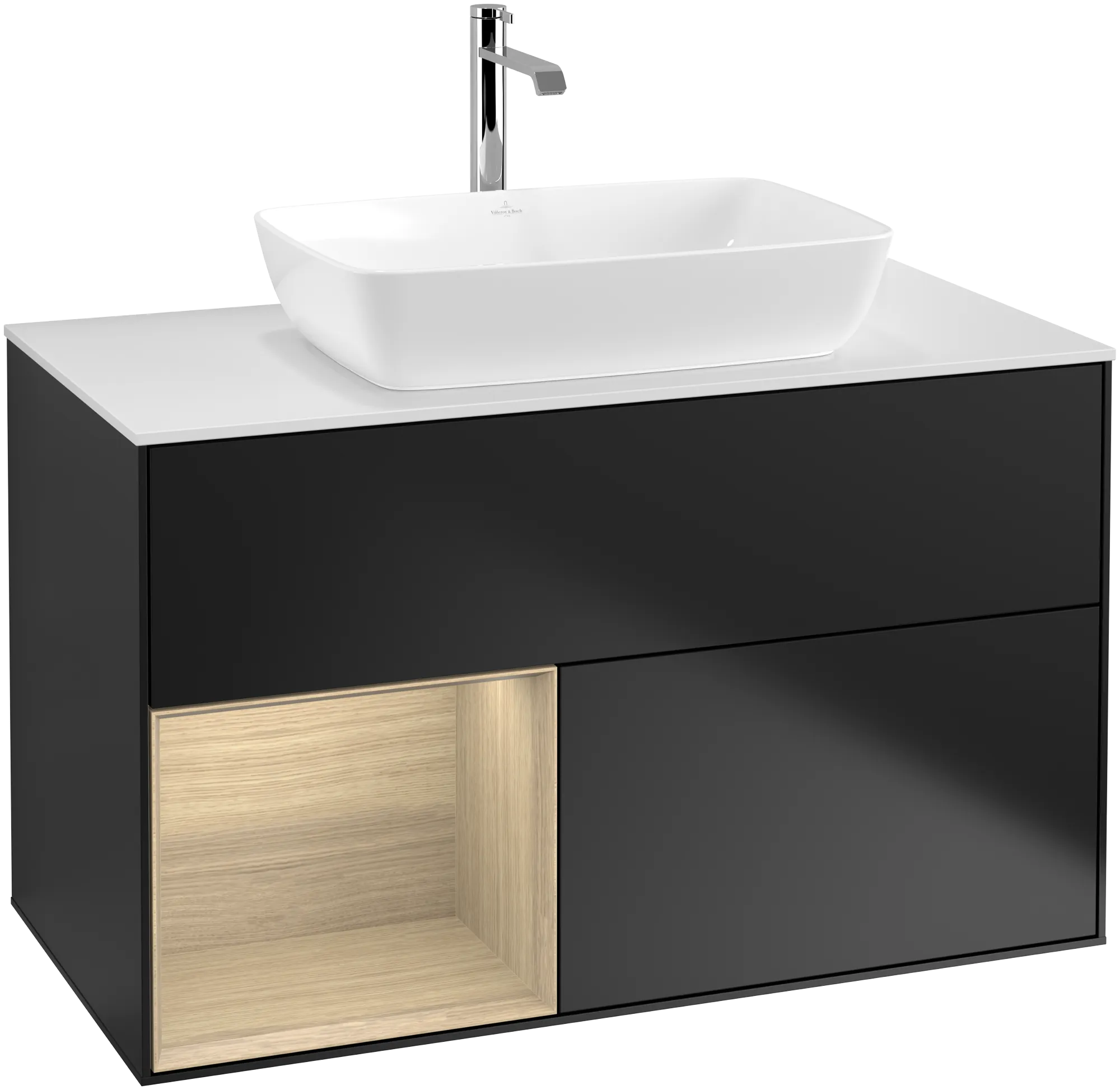 Bild von VILLEROY BOCH Finion Waschbeckenunterschrank, mit Beleuchtung, 2 Auszüge, 1000 x 603 x 501 mm, Black Matt Lacquer / Oak Veneer / Glass White Matt #G771PCPD