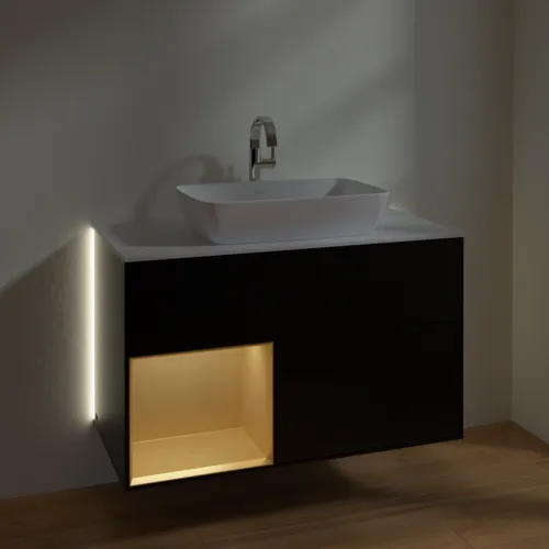 Bild von VILLEROY BOCH Finion Waschbeckenunterschrank, mit Beleuchtung, 2 Auszüge, 1000 x 603 x 501 mm, Black Matt Lacquer / Gold Matt Lacquer / Glass White Matt #G771HFPD