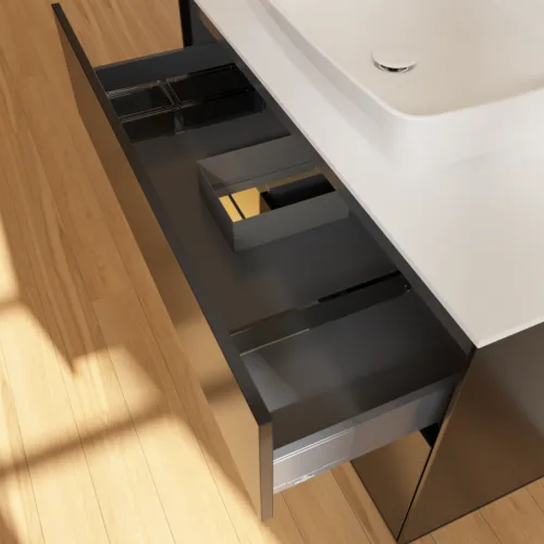 Bild von VILLEROY BOCH Finion Waschbeckenunterschrank, mit Beleuchtung, 2 Auszüge, 1000 x 603 x 501 mm, Black Matt Lacquer / Gold Matt Lacquer / Glass White Matt #G771HFPD