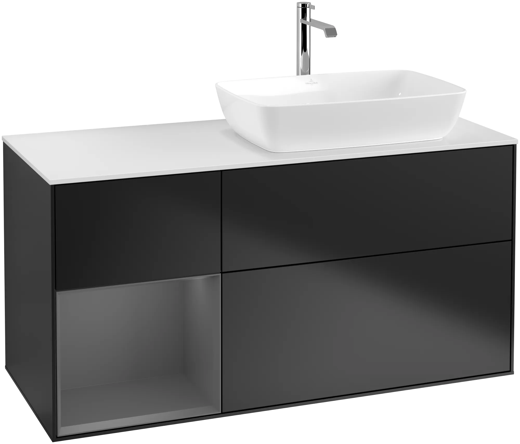 Bild von VILLEROY BOCH Finion Waschbeckenunterschrank, mit Beleuchtung, 3 Auszüge, 1200 x 603 x 501 mm, Black Matt Lacquer / Anthracite Matt Lacquer / Glass White Matt #G801GKPD