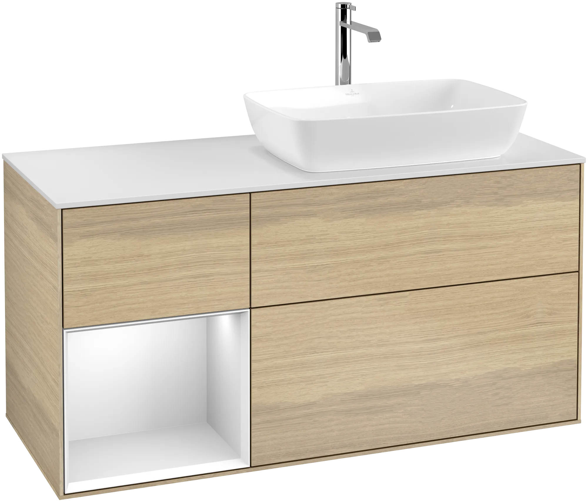 Bild von VILLEROY BOCH Finion Waschbeckenunterschrank, mit Beleuchtung, 3 Auszüge, 1200 x 603 x 501 mm, Oak Veneer / White Matt Lacquer / Glass White Matt #G801MTPC