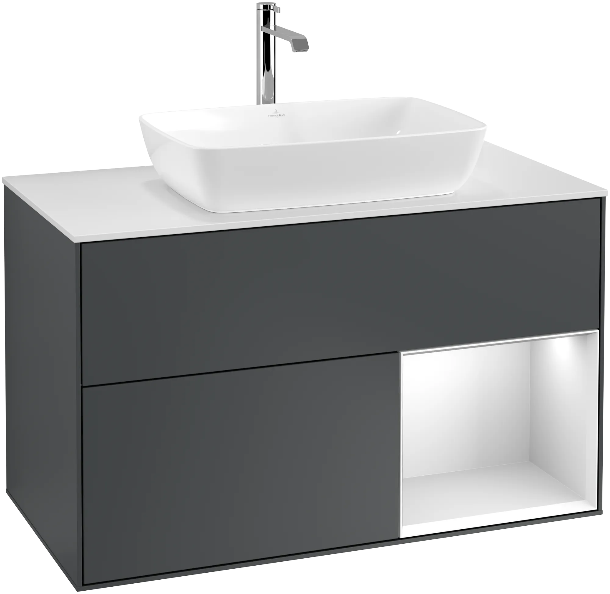 Bild von VILLEROY BOCH Finion Waschbeckenunterschrank, mit Beleuchtung, 2 Auszüge, 1000 x 603 x 501 mm, Midnight Blue Matt Lacquer / White Matt Lacquer / Glass White Matt #G781MTHG