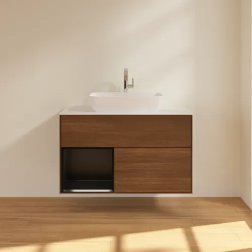 Bild von VILLEROY BOCH Finion Waschbeckenunterschrank, mit Beleuchtung, 2 Auszüge, 1000 x 603 x 501 mm, Walnut Veneer / Black Matt Lacquer / Glass White Matt #G771PDGN