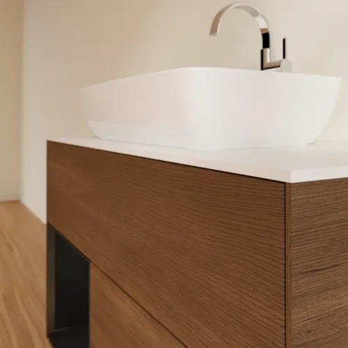 Bild von VILLEROY BOCH Finion Waschbeckenunterschrank, mit Beleuchtung, 2 Auszüge, 1000 x 603 x 501 mm, Walnut Veneer / Black Matt Lacquer / Glass White Matt #G771PDGN