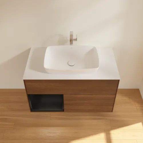 Bild von VILLEROY BOCH Finion Waschbeckenunterschrank, mit Beleuchtung, 2 Auszüge, 1000 x 603 x 501 mm, Walnut Veneer / Black Matt Lacquer / Glass White Matt #G771PDGN