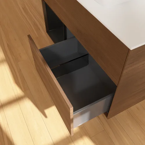 Bild von VILLEROY BOCH Finion Waschbeckenunterschrank, mit Beleuchtung, 2 Auszüge, 1000 x 603 x 501 mm, Walnut Veneer / Black Matt Lacquer / Glass White Matt #G771PDGN